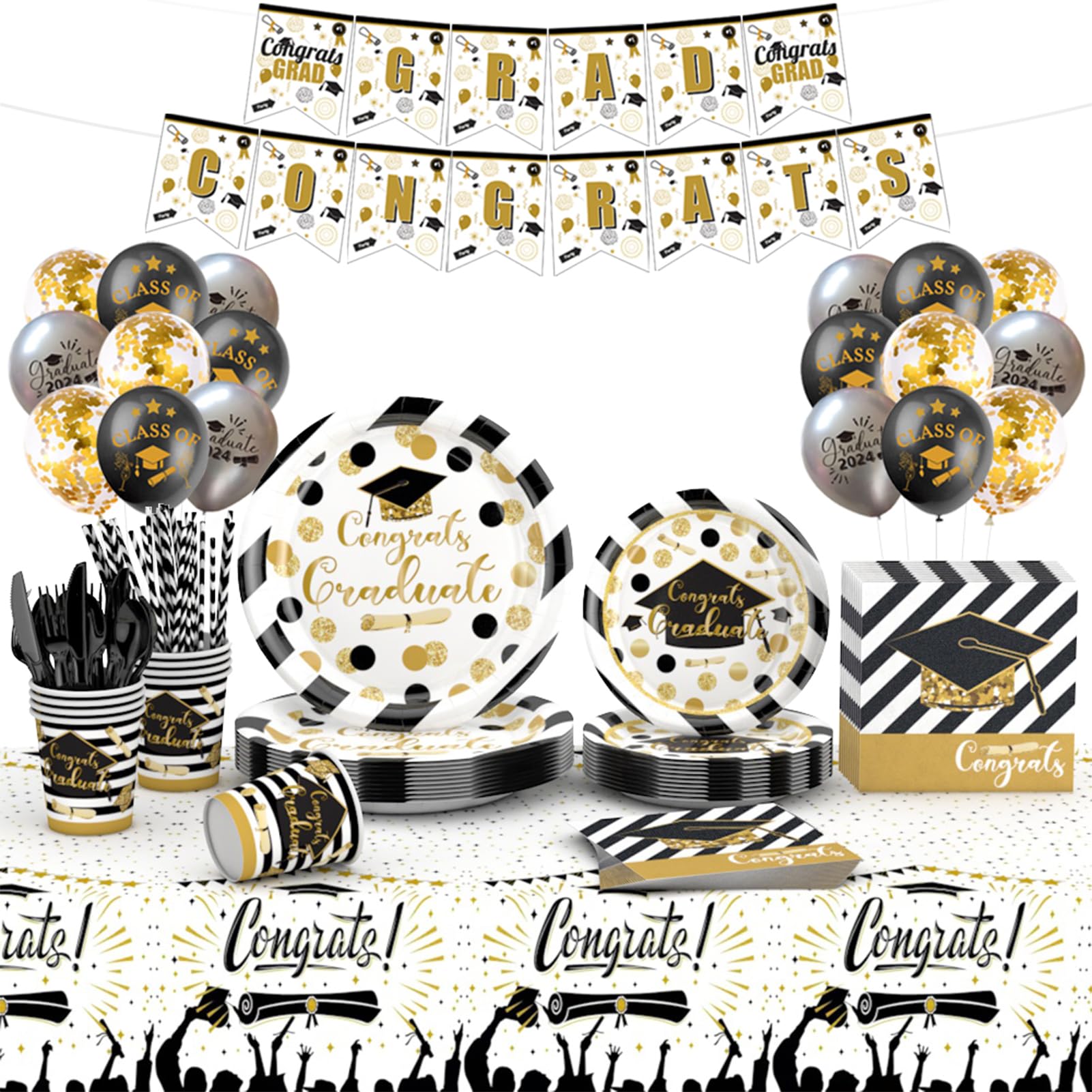 2025 Graduation Party Decor Supplies, 233-Piece Set for Graduation, Includes Disposable Dinnerware Like Plates, Cups, Napkins, Cutlery, Tablecloth,
