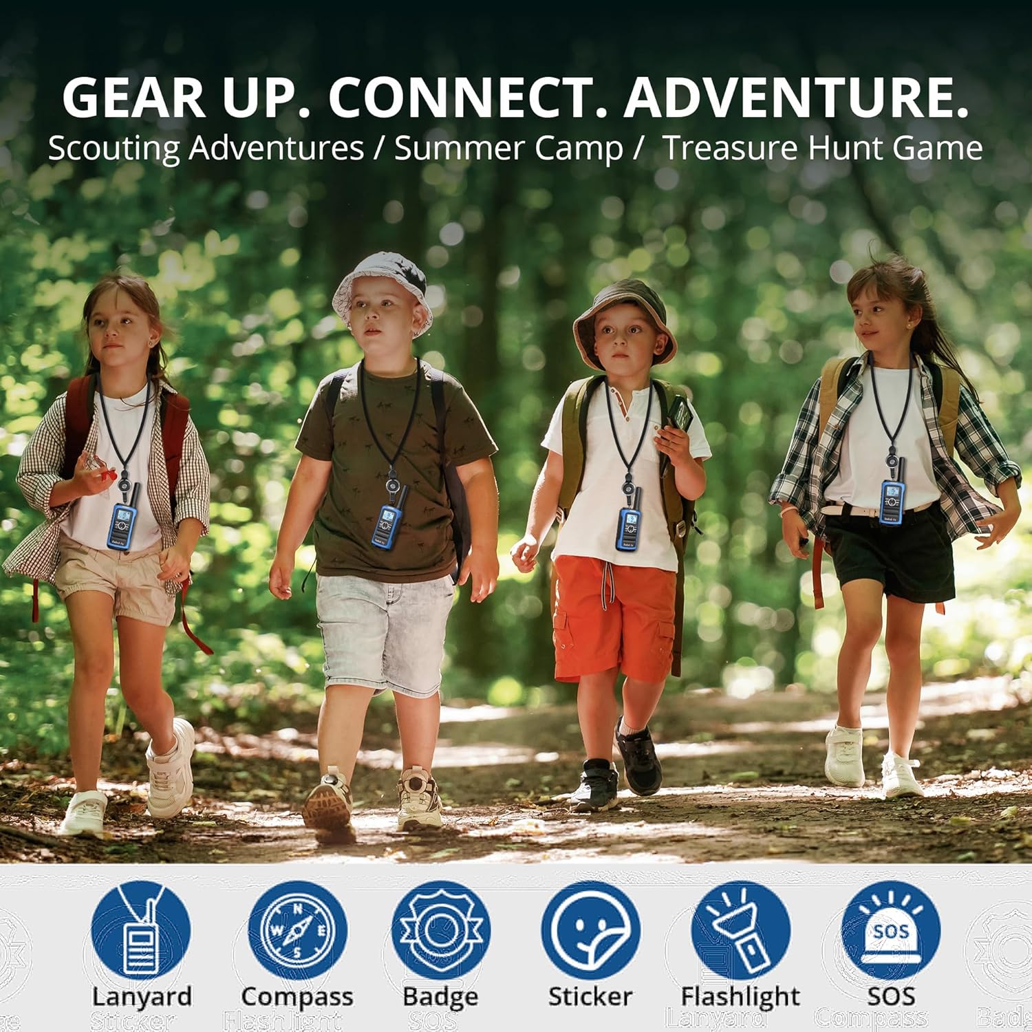 Radioddity FS-T8 Walkie Talkies for Adults Kids Rechargeable, FRS Licence-Free Two Way Radio Long Range with Group Call, VOX, NOAA, 2000mAh Battery, Flashlight, USB-C, Hiking Winter Camp, 4 Pack
