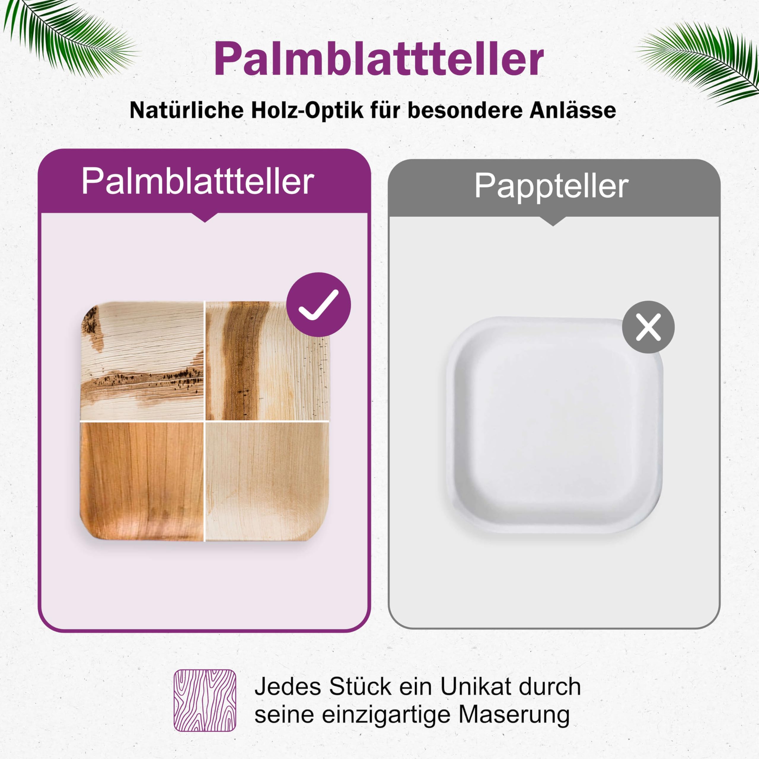 Bio Palmblatt Teller - 50 Stück groß eckig 25x25 cm - Premium Einweggeschirr kompostierbar - Umweltfreundliches Palmblatt-Geschirr - ähnl. Bambusteller Einweg