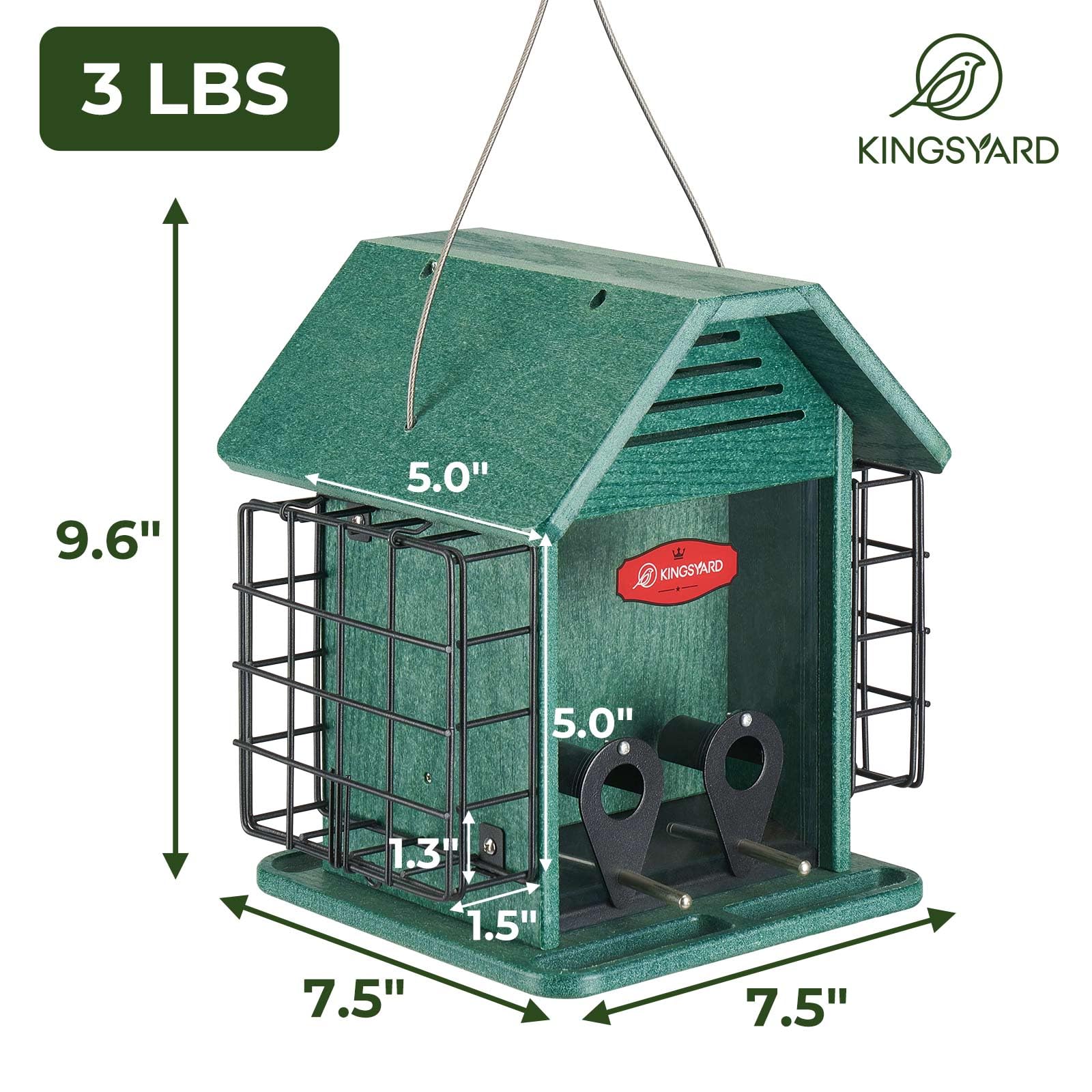 Kingsyard Comedero para pájaros 3 en 1 para colgar al aire libre, comedero doble de sebo de plástico reciclado con compartimento de malla de metal y techo resistente a la intemperie, gran capacidad de
