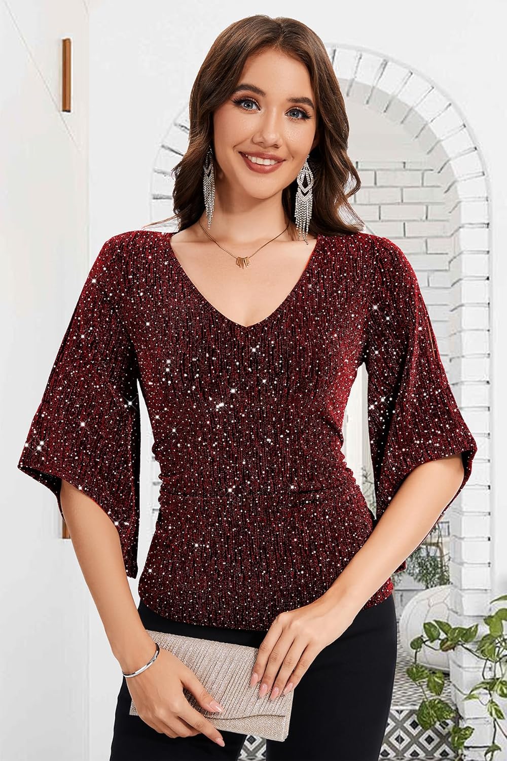 PEIQI Women's Shiny Top 3/4 Sleeve Shimmer Glitter Sparkly Blouse for Cocktail Party Evening Shirt - Image 5