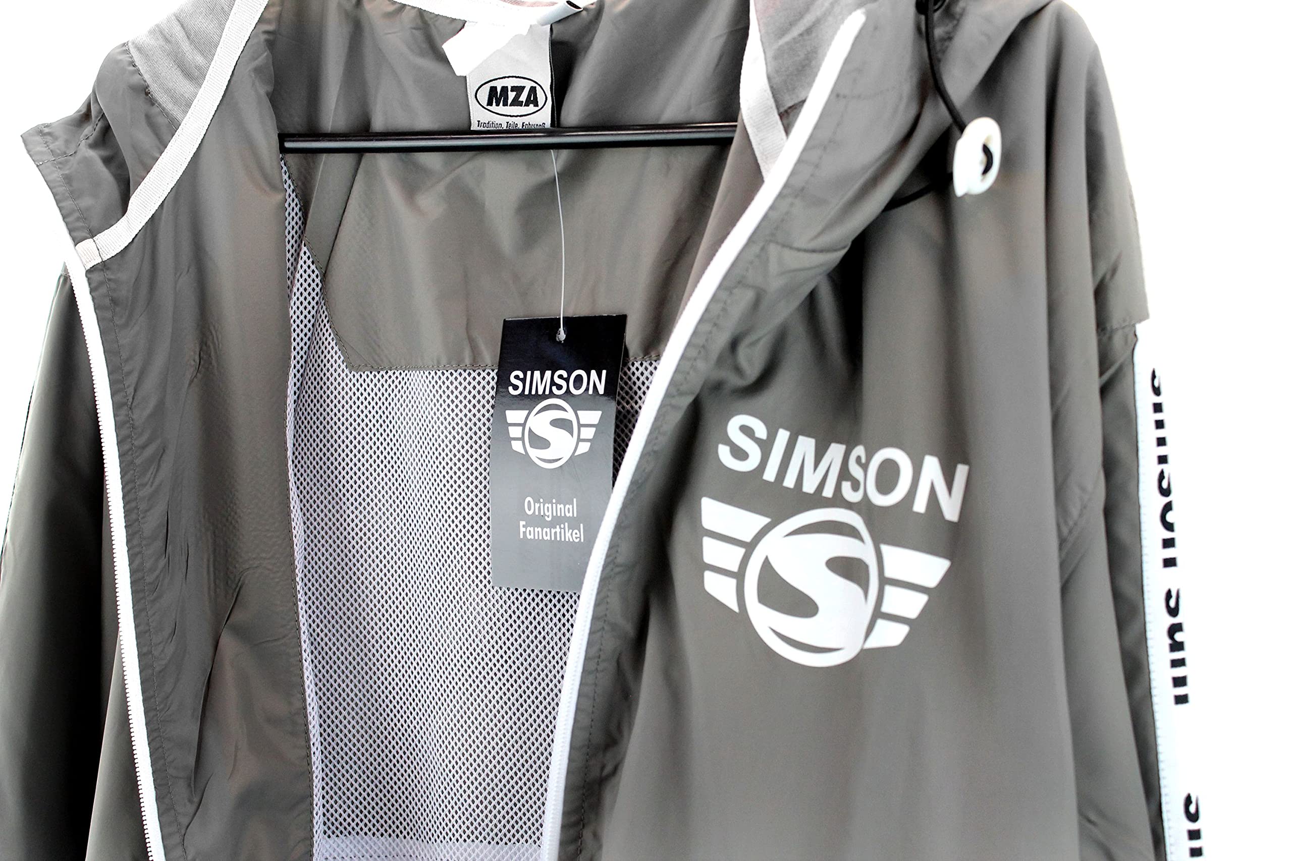 MZA Jacke Windbreaker Simson Suhl, Logo auf Ärmeln und Brust, Kapuze, Farben grau, schwarz und weiß, Größen XS-XXXL, Größe:M