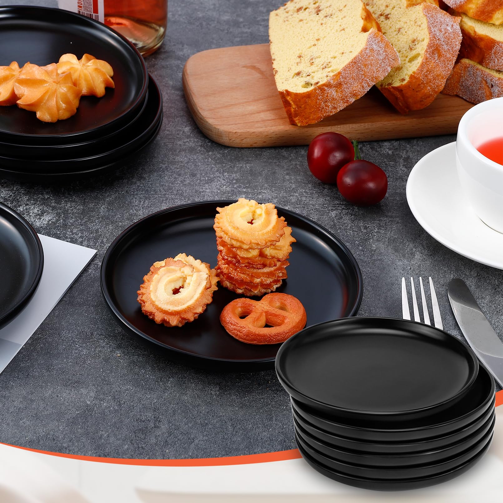 Lot de 6 assiettes à dessert en céramique noire mate de 15 cm | Petites assiettes à gâteau, assiettes à petit-déjeuner robustes pour petit-déjeuner, dessert, pain, cuisine, ménage