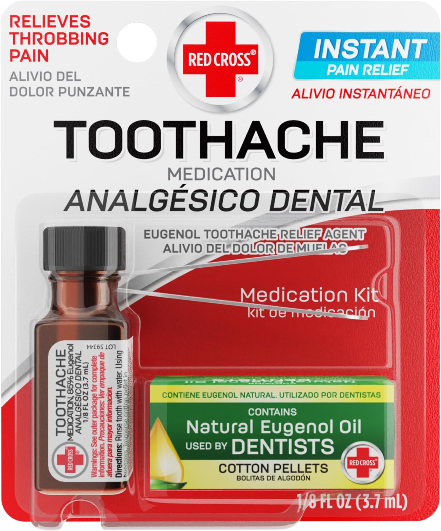 Red Cross Toothache Medicine Kit, Instant Pain Relief of Throbbing Toothache, Natural Eugenol Oil (Clove Oil), Includes Toothache Pain Relief Liquid, Cotton Pellets & Tweezer, 1/8 (.125) Fl Oz