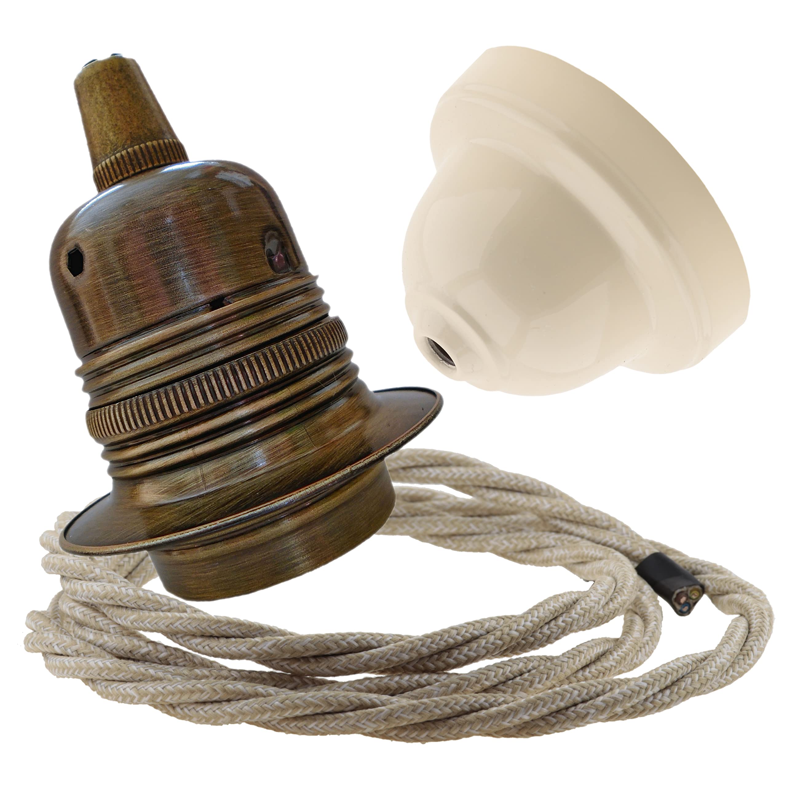 Repaireum Ltd. Pendant Kit with Ivory Bakelite Ceiling Cup E27 Antique Brass Lampholder and Linen Flex