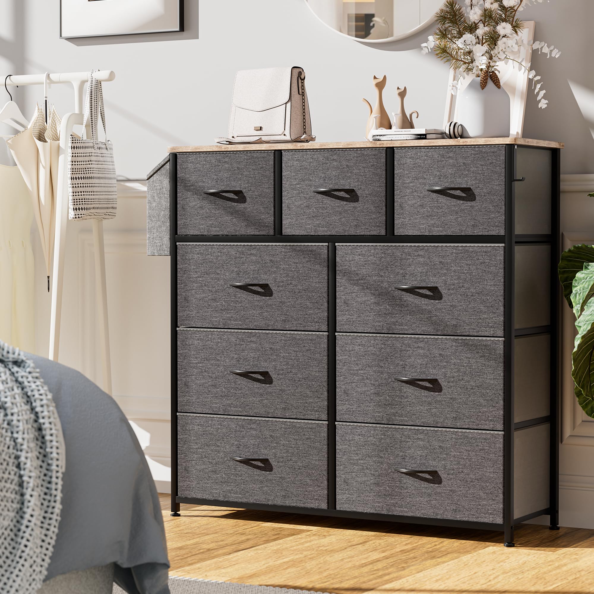 Commode en Tissu – Meuble de Rangement en Toile, 9 Grands Tiroirs, Étiquettes, Poche Latérale et Crochet, pour Salon, Couloir, Chambre
