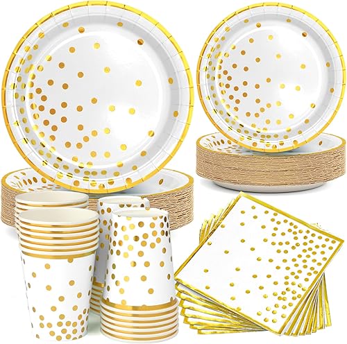 Suministros de fiesta de papel blanco y dorado, 200 platos de papel blanco, servilletas y tazas, platos de papel de aluminio con borde dorado de