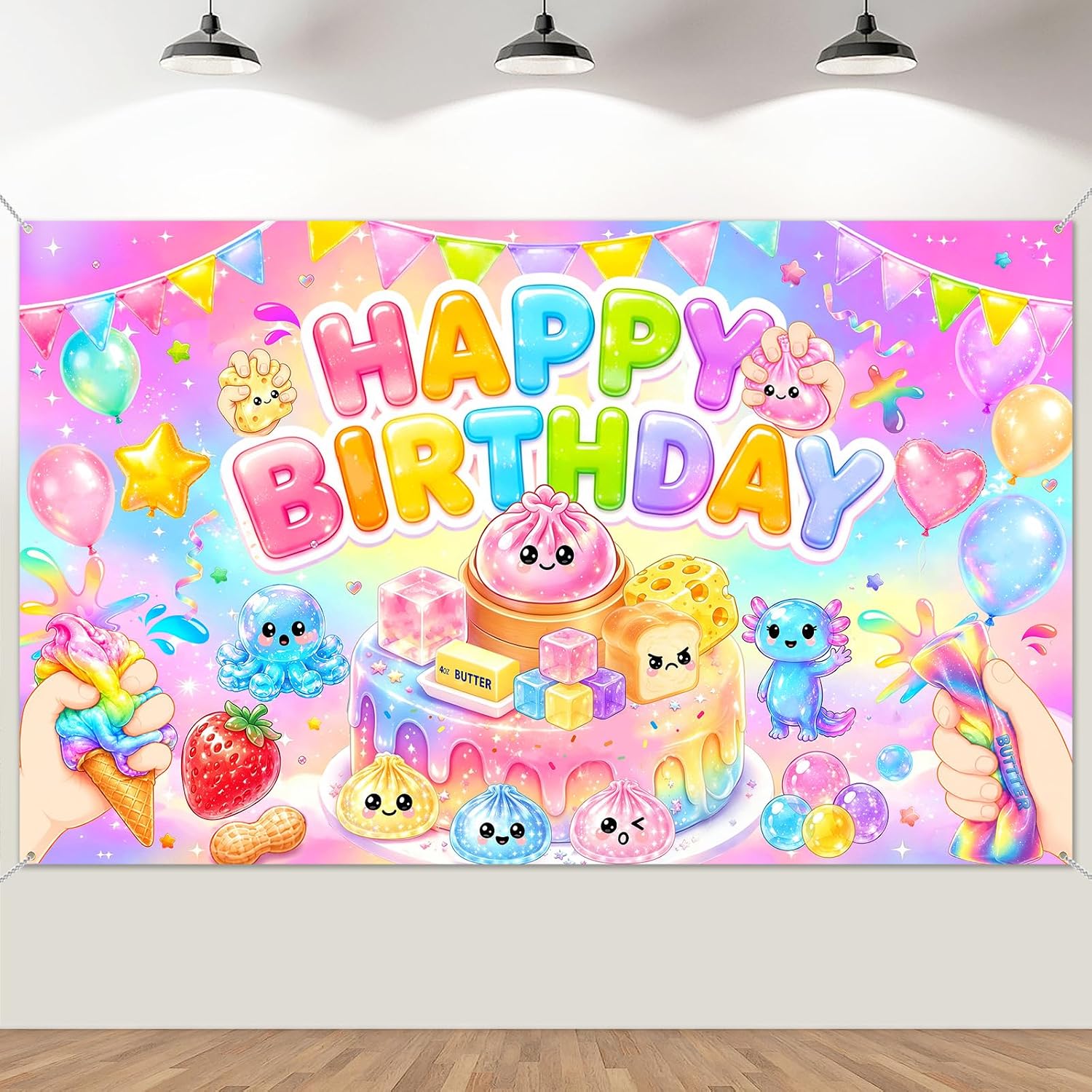 Kawaii Squishy Birthday Decorations 70.8 x 43.3 Inches Squishy Themed Backdrop Slow Rising Dumpling Cheese Dimsum Squishy Party Decorations for Birthday