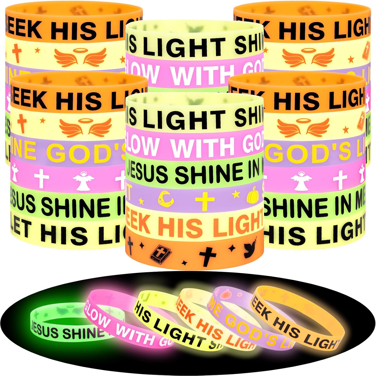 144pcs Christian Halloween Party Favors – Bulk Glow in the Dark Silicone Bracelets with Jesus, Gifts for Kids, Classroom Prizes, Treat Bags, Goodie Bag Stuffers