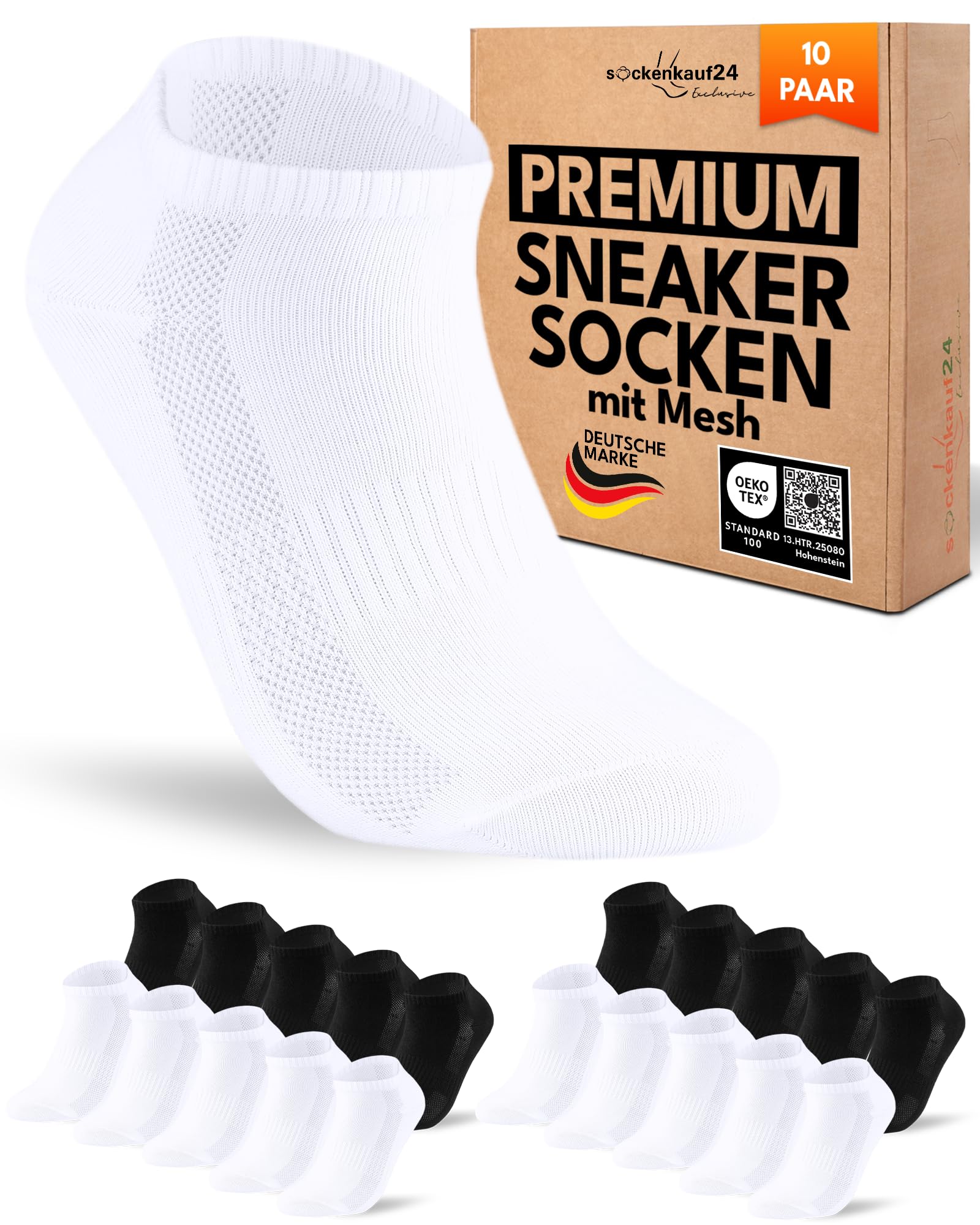 Sneaker Socken Herren 43-46 Schwarz Weiß Baumwolle 10 Paar Atmungsaktiv mit Mesh-Streifen