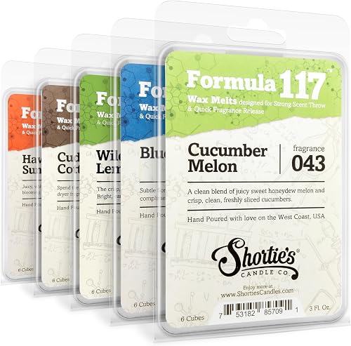 Shortie's Fresh & Clean Wax Melts Variety 5 Pack - Formula 117, 30 Cubes, Strong Long-Lasting Natural Oil Blend Shortie's Fresh & Clean Wax Melts Variety 5 Pack - Formula 117, 30 Cubes, Strong Long-Lasting Natural Oil Blend