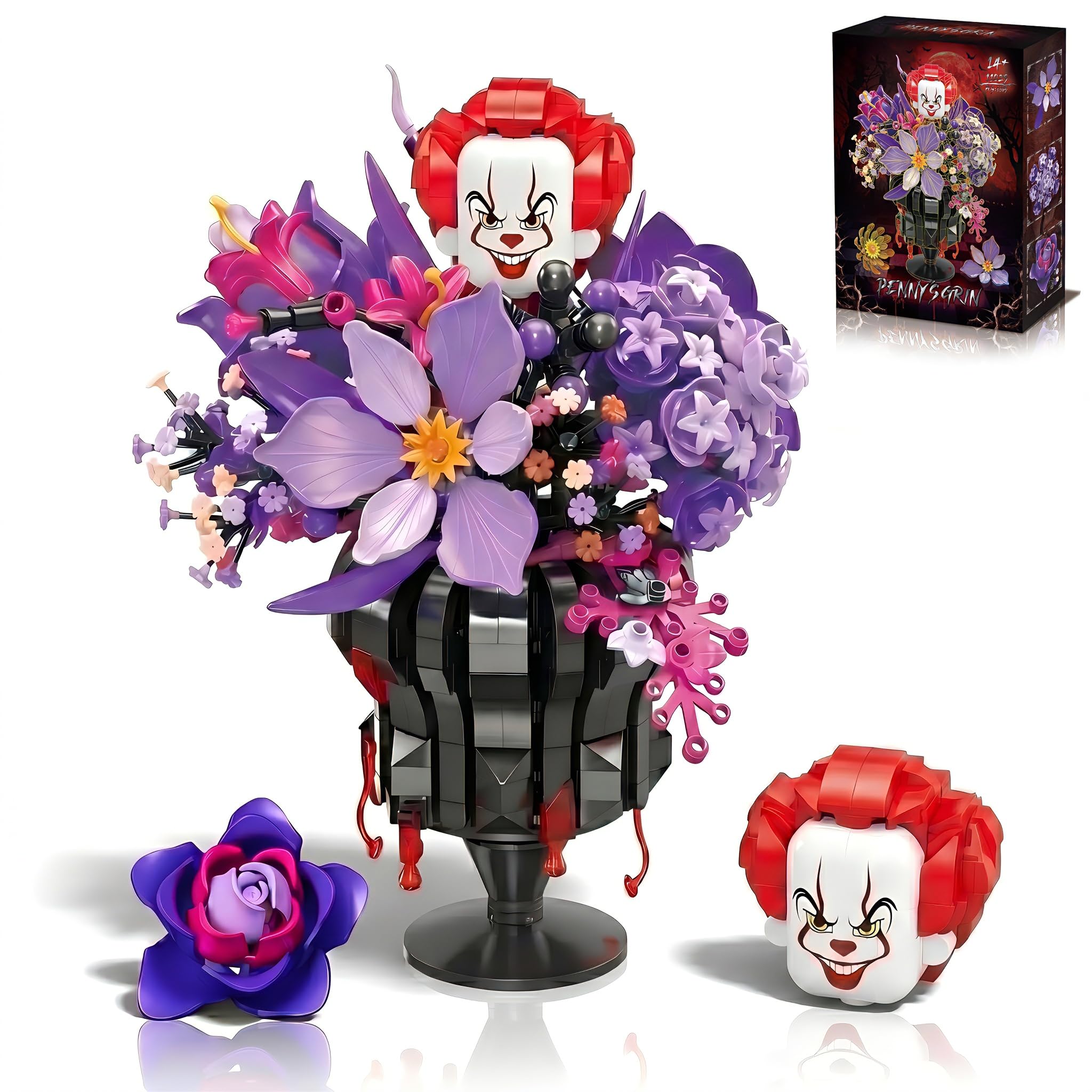Clown Flower Bouquet Building Blocks Set, Nightmare It Inspired Gothic Botanical Collection with Vase, Compatible with Lego Pennywise Horror Set, Creepy Halloween Decor Toy Gift for Adults & Teens