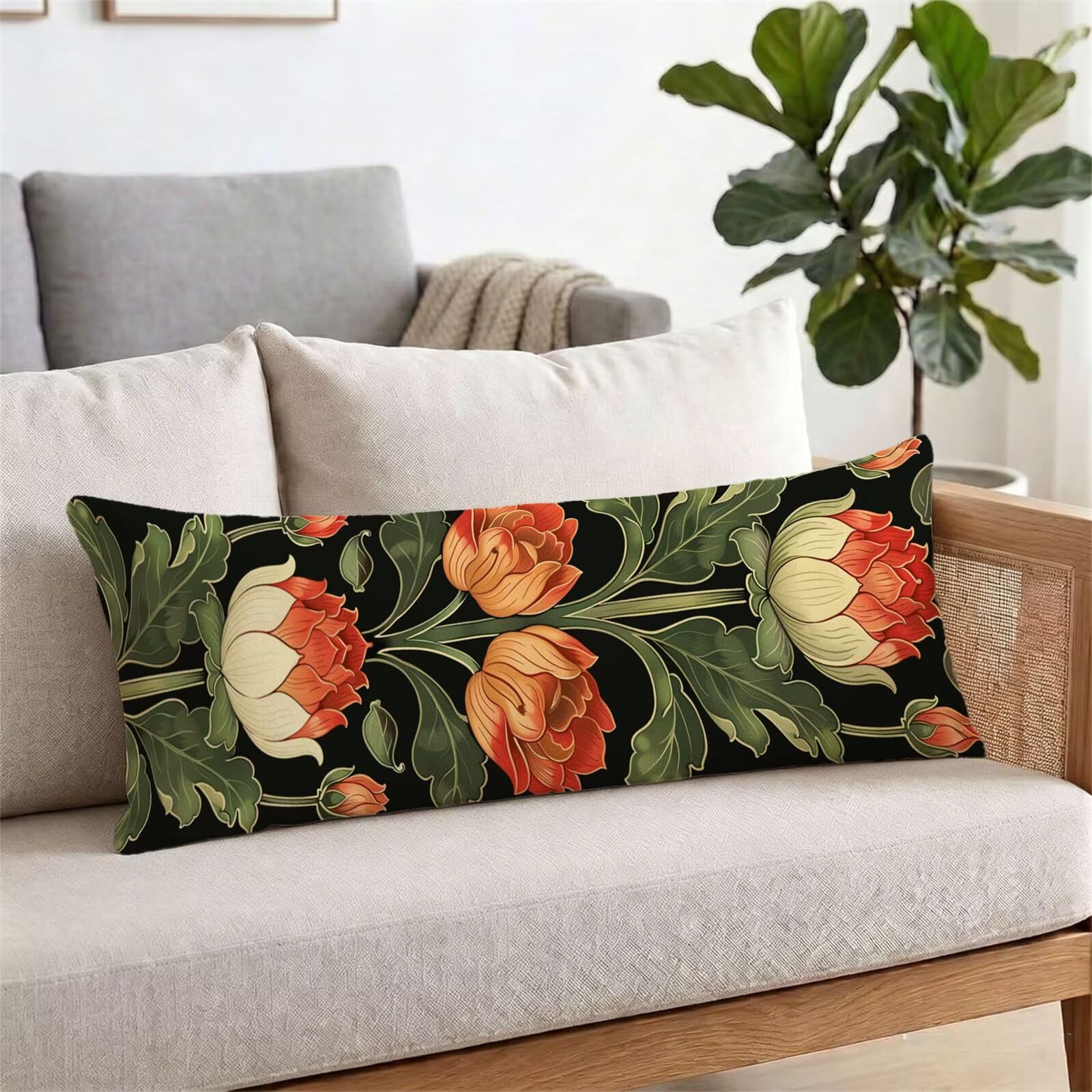 Funda de Almohada 60 x 180 cm Verde Protector Almohada 180 cm con Cremallera Invisible, Lino Durable y Transpirable Pillow Case Largas Rojo Impresión a Doble Cara para Cama, Sofá y Dormitorio dg-624