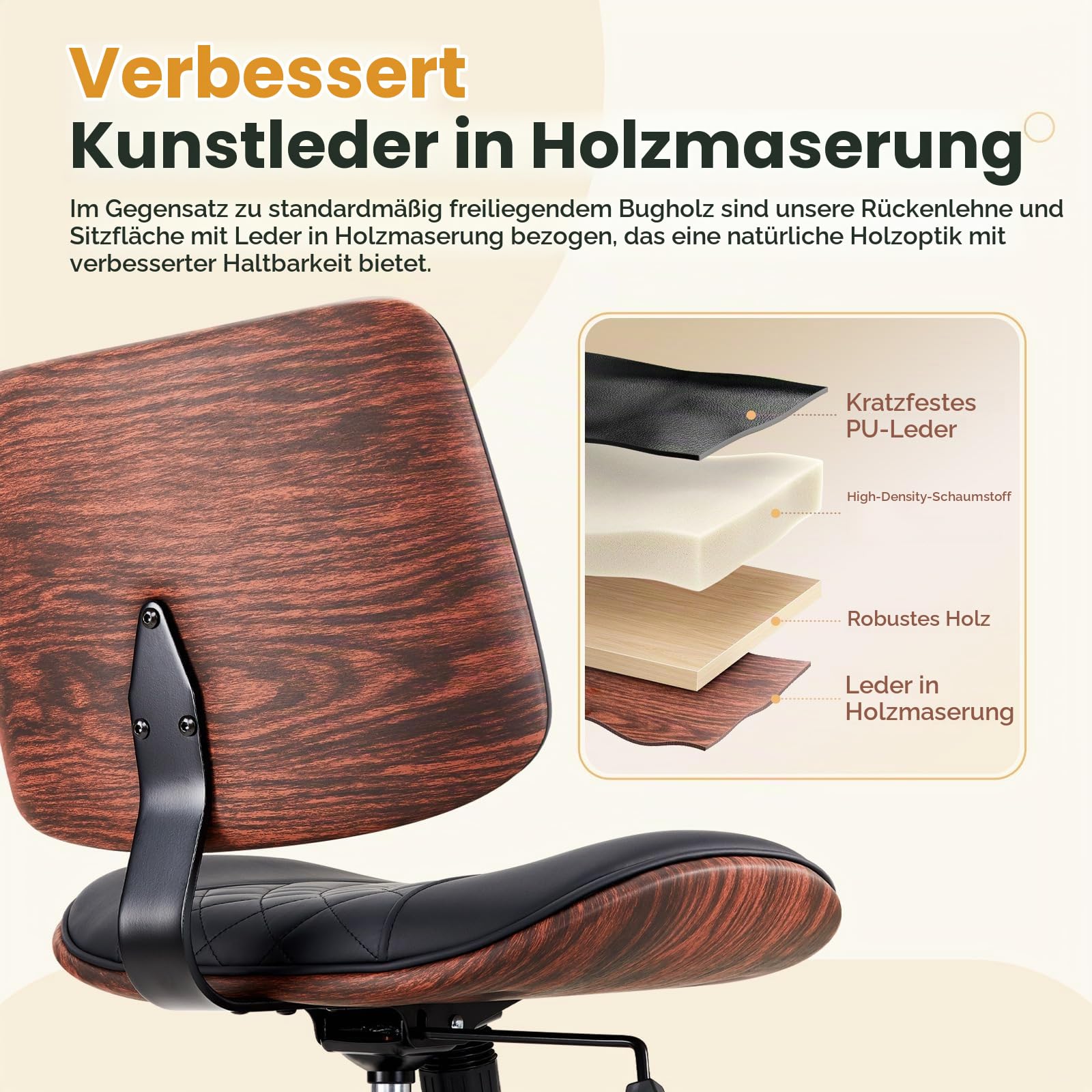 IWMH Bürostuhl Ohne Armlehnen Schreibtischstuhl Walnuss PULeder Rückenlehne | Kompakter Drehstuhl Computerstuhl Moderner Funktionsstuhl Walnuss-PU-Leder-Rückenlehne Schaukelfunktion Und Höhenverstellbar