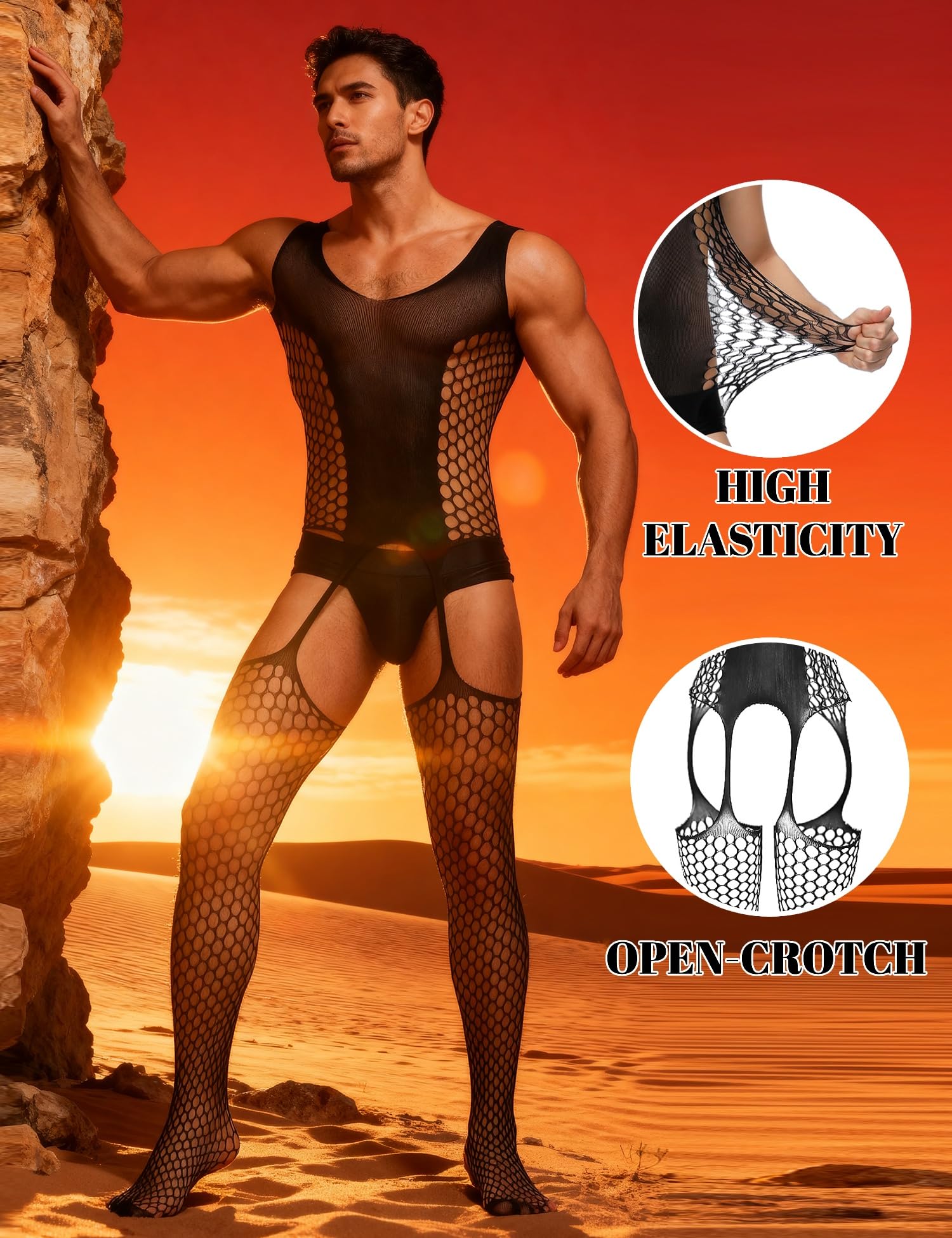 comeondear Bodystocking a Rete Uomo Sexy Body Aperto Hot Intimo Fishnet Calze Bodysuit Senza Maniche con Reggicalze Lingerie Sissy Hard
