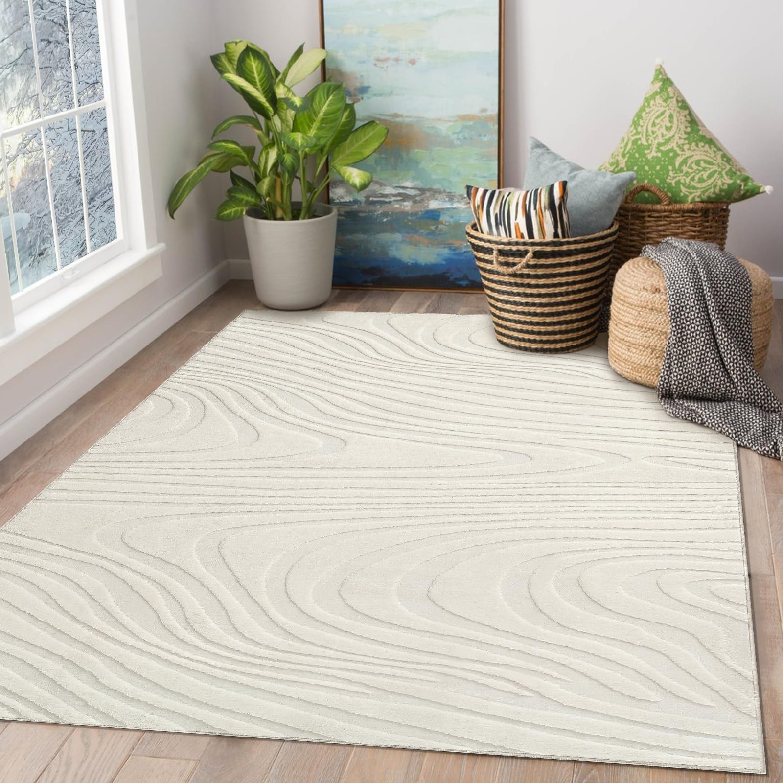 WONGS BEDDING Wohnzimmer Teppich Modern Waschbar 80x150cm, Creme Wellen