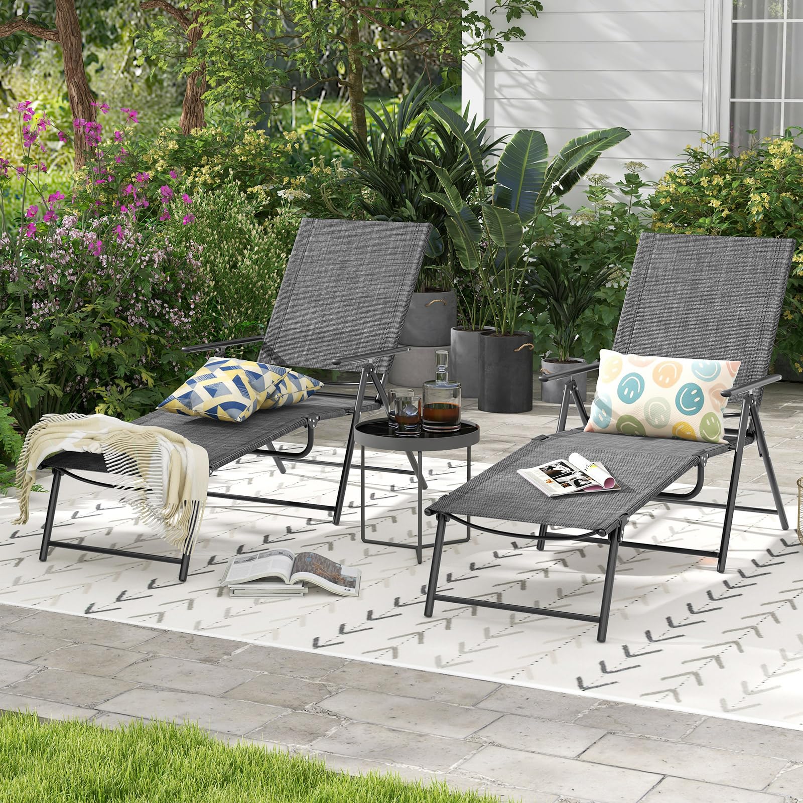 COSTWAY Set di 2 Lettini Prendisole da Giardino, Sdraio Pieghevoli con Schienale e Poggiapiedi Regolabili, in Tessuto Textilene con Braccioli, per Terrazza e Piscina, Portata 150 kg (Grigio)