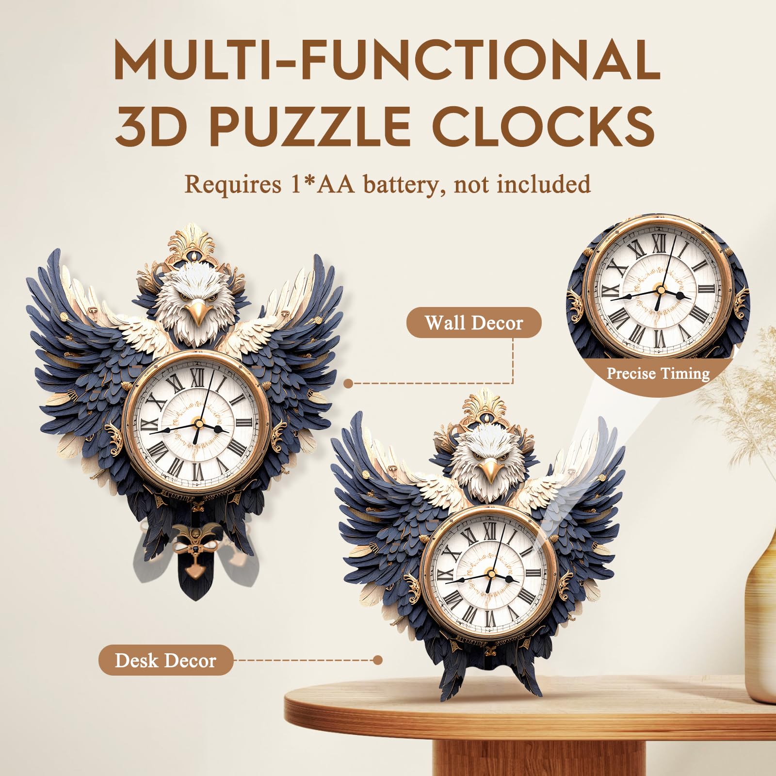 Puzzle 3D per adulti, con design a forma di aquila, orologio a pendolo meccanico fai da te con numeri romani, decorazione da scrivania, casa e ufficio, regalo personalizzato per gli amanti