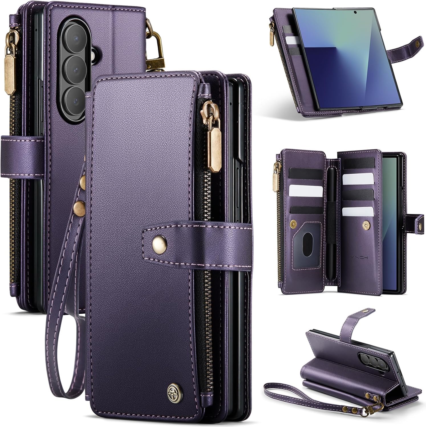 Vinich for Samsung Galaxy Z Fold 7 Wallet Case with Card Holder, Detachable Strap RFID Blocking Credit Slots Kickstand Shockproof Phone Cover Fit for Galaxy Z Fold 7 8.0" Purple
