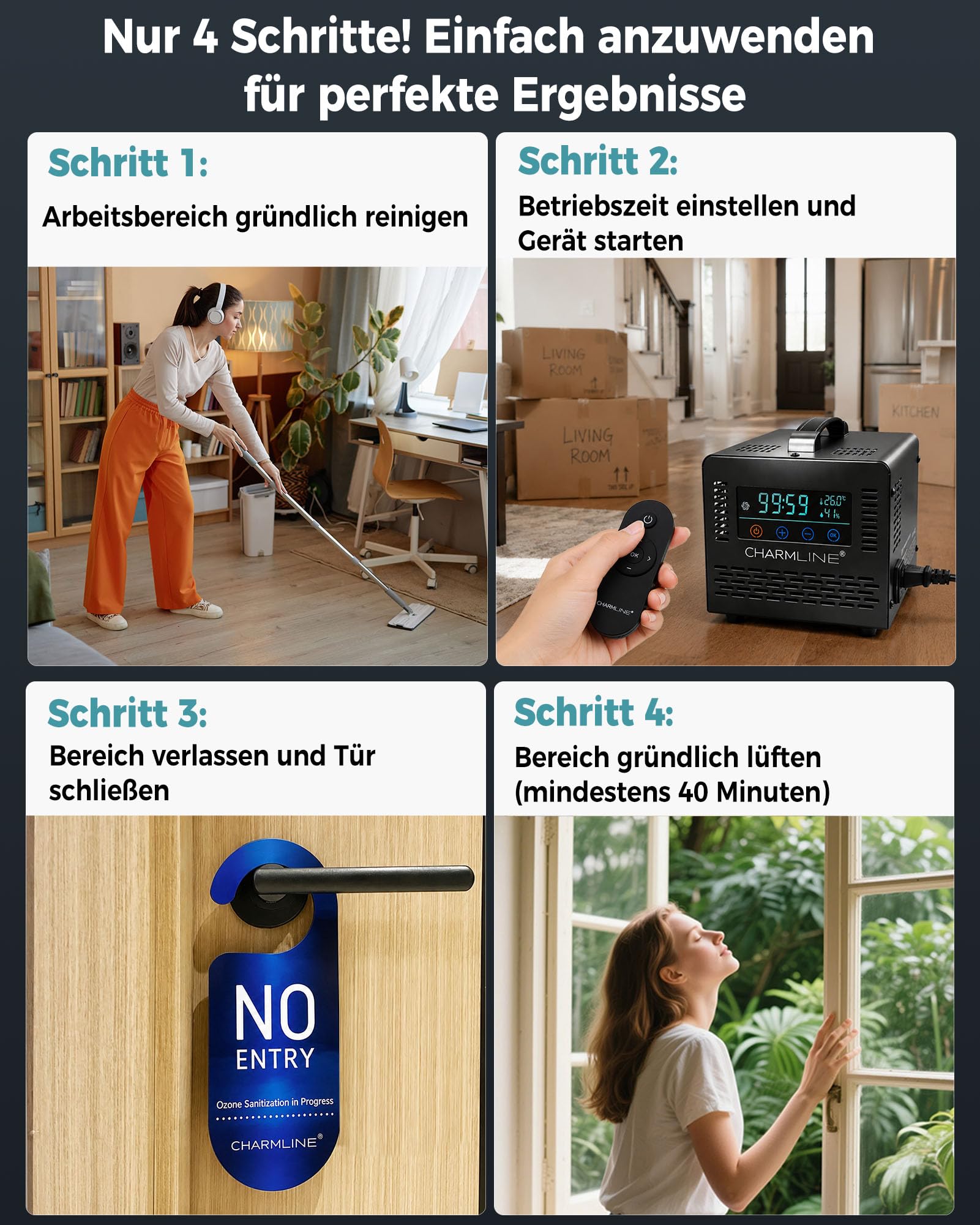 Charmline Smart Ozongenerator 60000 mg/h mit Fernbedienung, zur Geruchsbeseitigung in Autos, Räumen, Kellern, bis 500 m², Schwarz