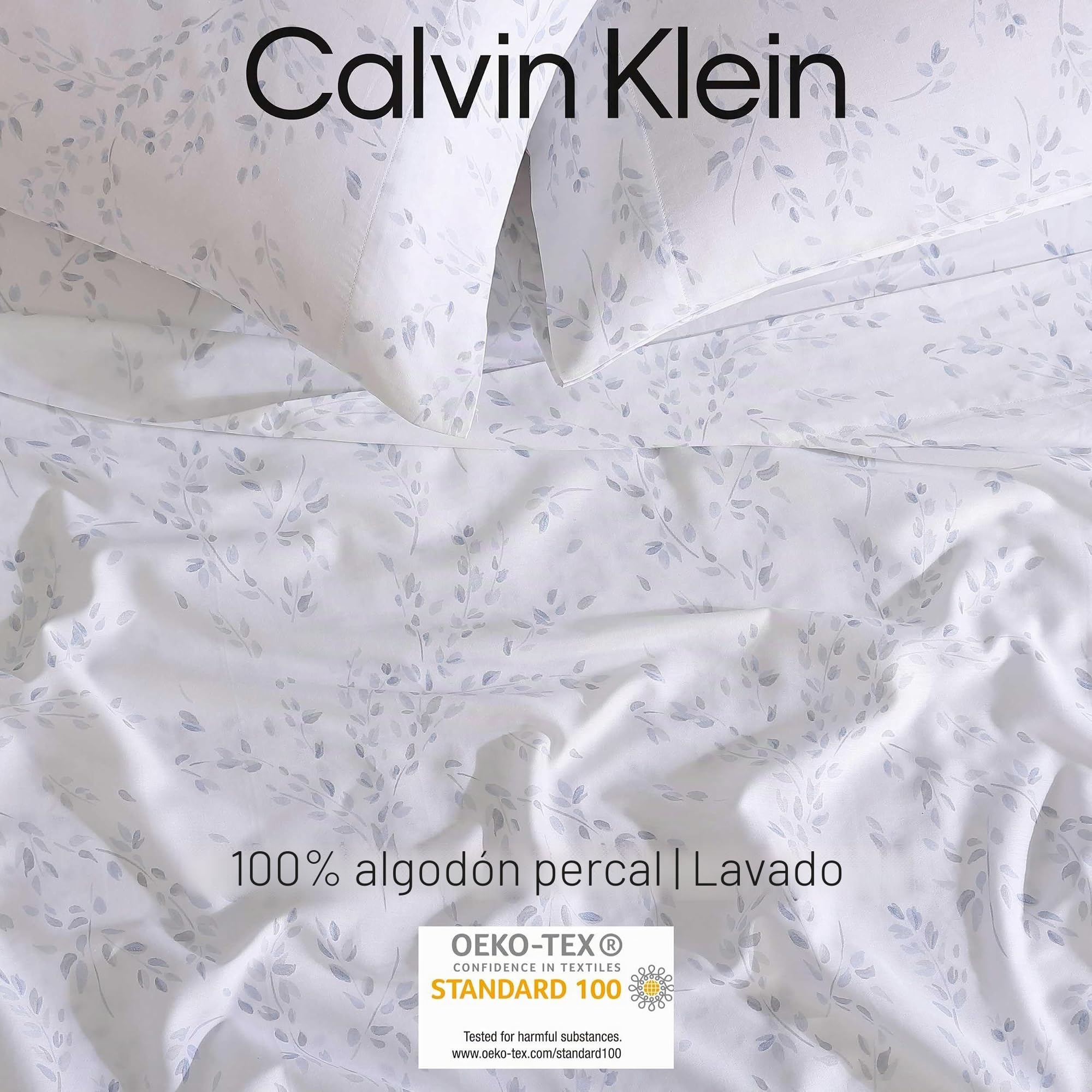 Calvin Klein - Juego de sábanas tamaño Queen, Juego de Ropa de Cama de satén de algodón, decoración Lujosa y Suave para el hogar (Azul botánico aireado, Queen)