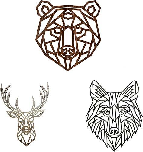 Animales geométricos colgantes de pared de selva y bosque, con oso de caoba, lobo de roble negro y ciervo de roble. Figuras colgantes de madera para