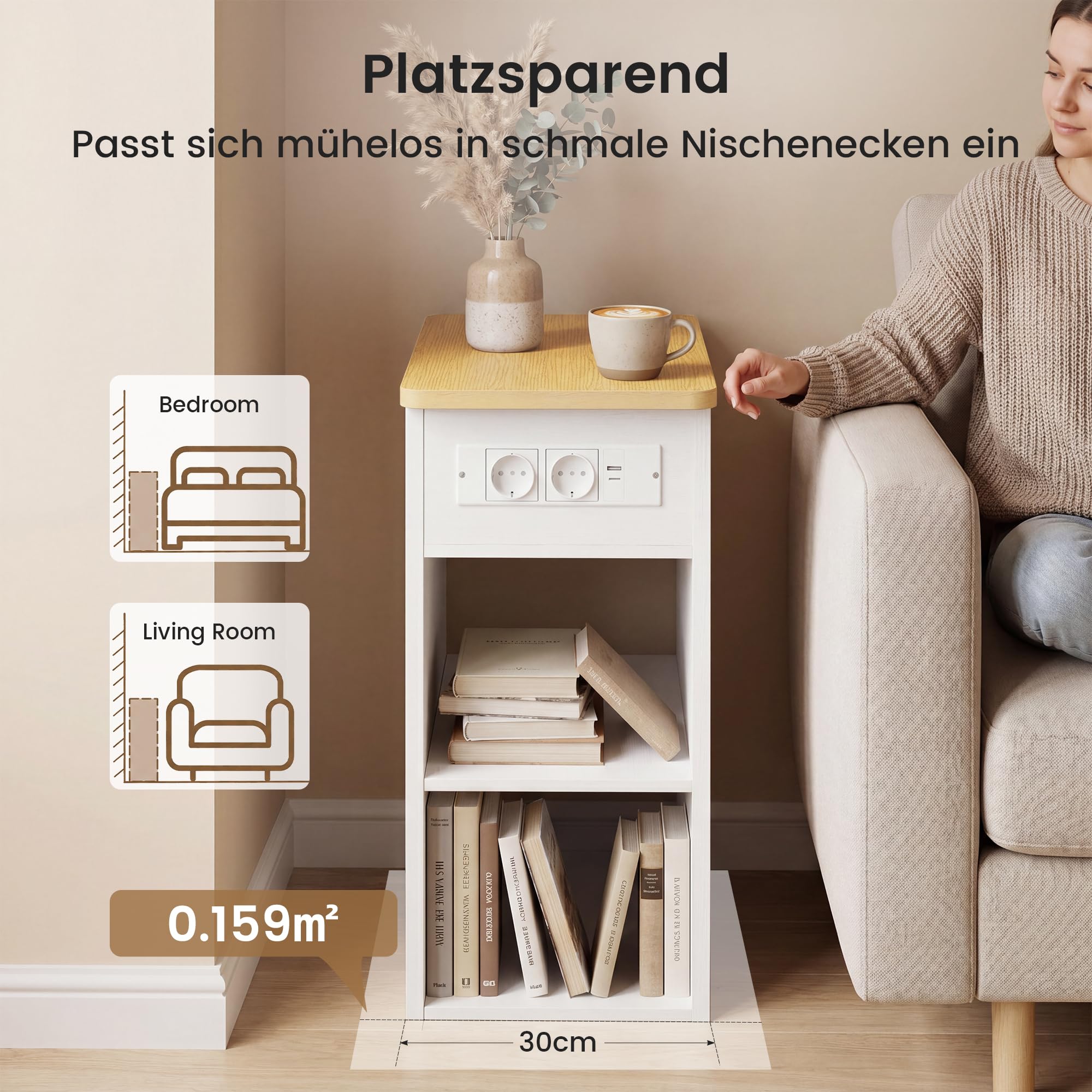YOUDENOVA Nachttisch Schmal 30 cm, Beistelltisch mit Ladefunktion 2 AC, 1x USB-A und 1x USB-C, Nachtschrank Modern mit 2 Offene Regale und Versteckte Fächer, fürs Wohnzimmer, Schlafzimmer, Natur