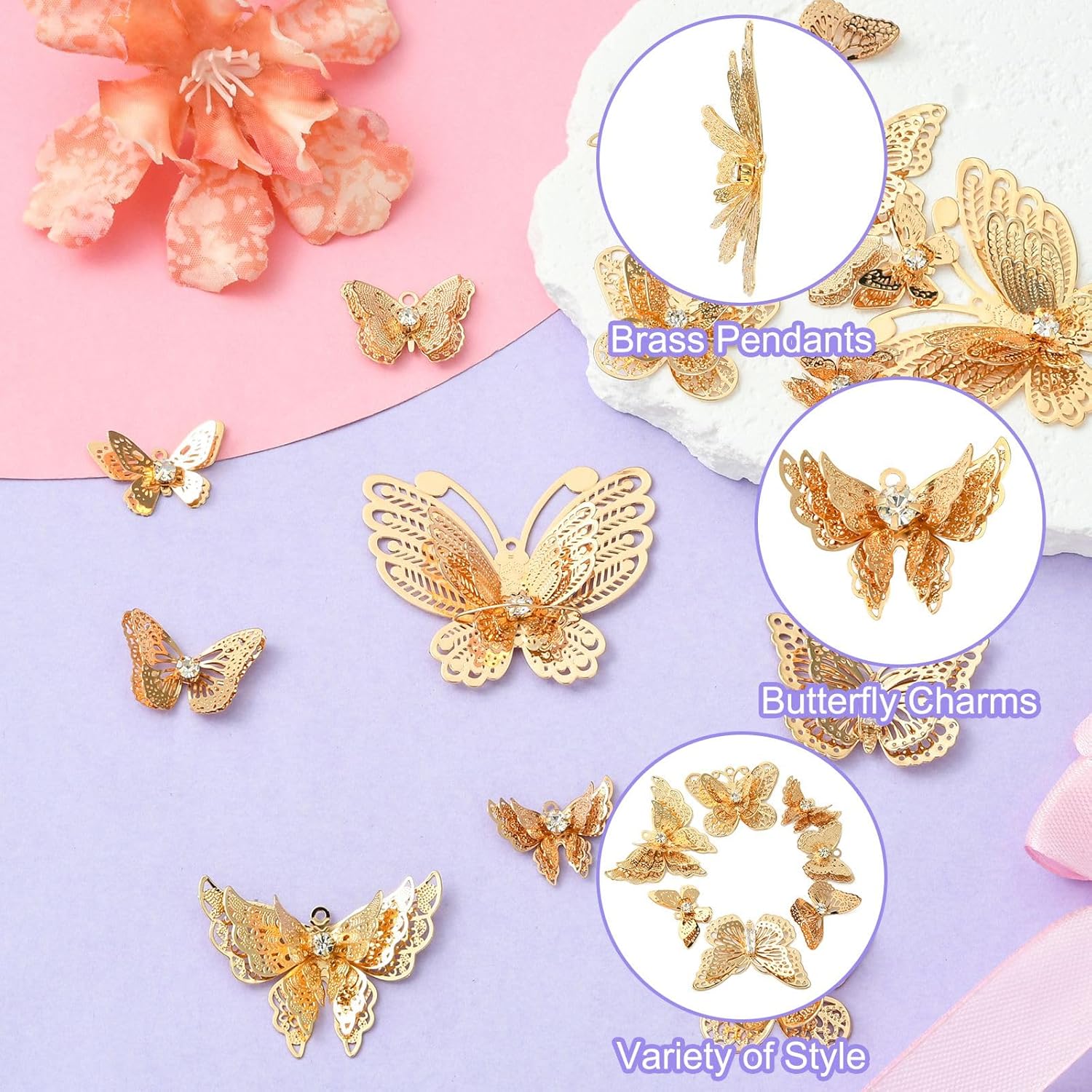 Stiesy 16 Pcs 8 Styles Hollow 3D Butterfly Charms Rhinestone Filigree Golden Butterfly Brass Charms Bulk for DIY Necklace Bracelet Earring Jewelry Making - Image 3