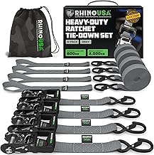 Rhino USA Lot 4 Sangles d'Arrimage à Cliquet - Résistance Rupture Max 2000 kg - Sangle a Cliquet 4cm x 2.4m Poignées Rembourrées - Sangle de Demenagement Moto Remorque Camion - Gris