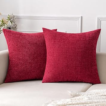 EMEMA Christmas Pack of 2 Soft Chenille Throw Pillow Covers 20x20 Inch Decorative Couch Pillow Covers Modern Solid Dyed Pillowcases for Sofa Bed Red