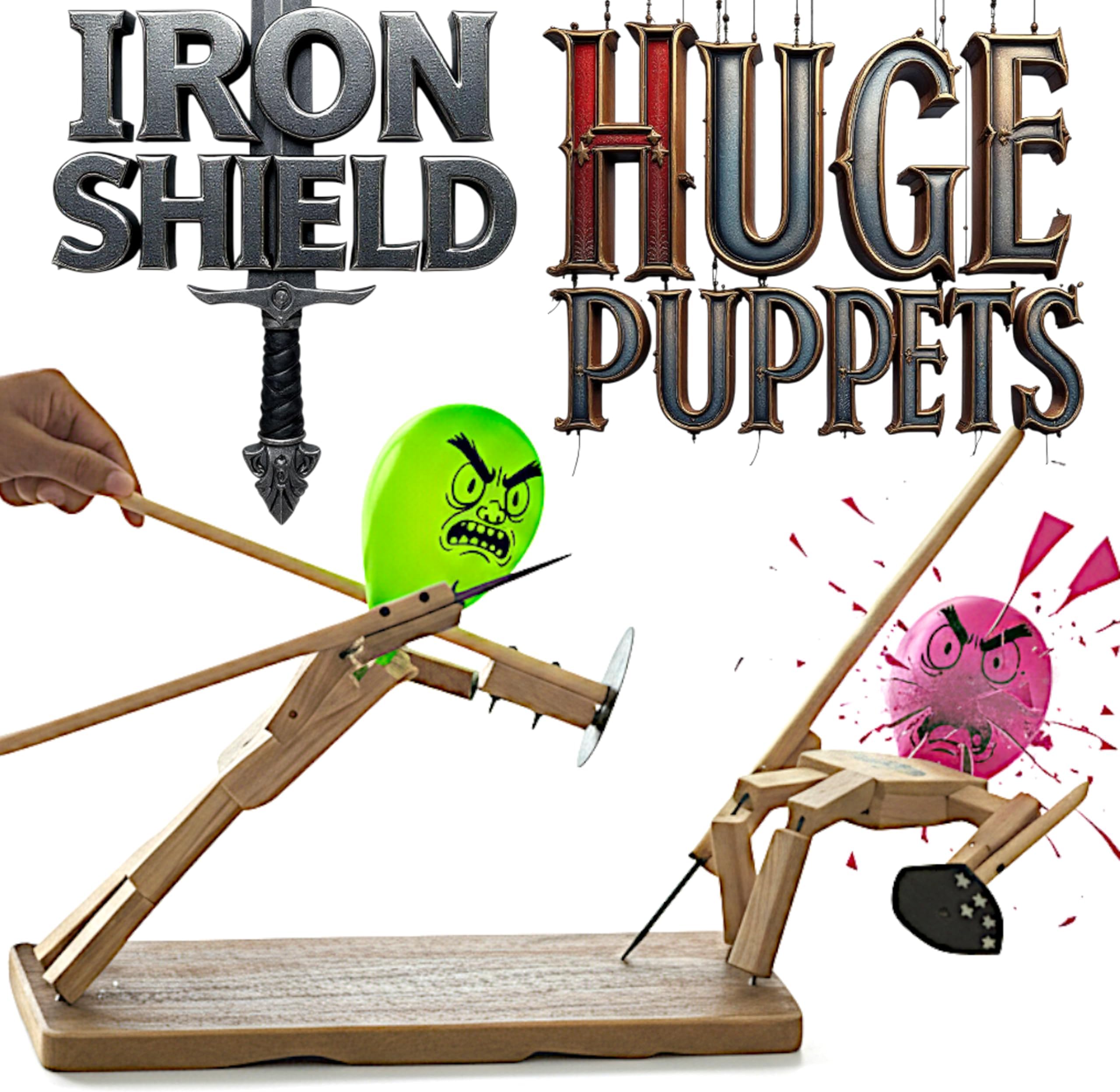 Akargol Huge Handemade Wooden Fencing Puppets Balloon Head Realistic Iron Sword and Shied - Handmade Wooden Warrior Puppets Battle Robot Duel Games, Family Parties, Board Game with Balloons