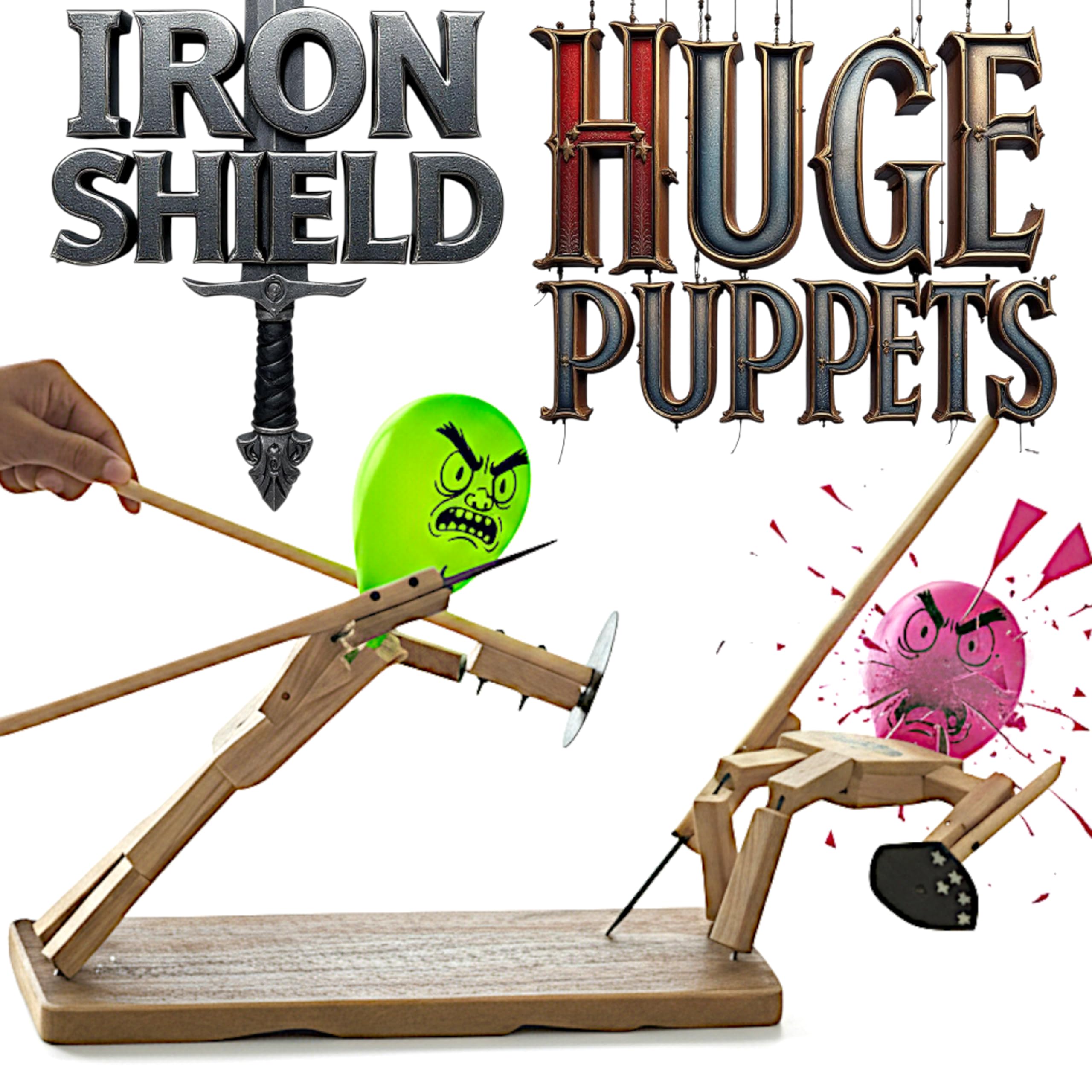 Huge Handemade Wooden Fencing Puppets Balloon Head Realistic Iron Sword and Shied - Handmade Wooden Warrior Puppets Battle Robot Duel Games, Family Parties, Board Game with Balloons
