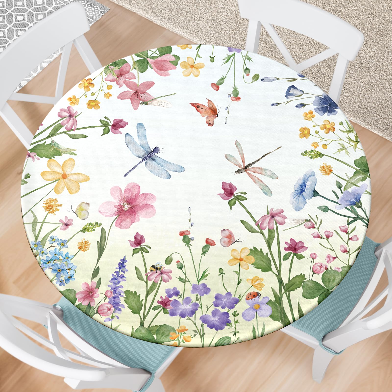VBDFD Spring Summer Floral Round Fitted Tablecloth with Elastic Waterproof Outdoor Tablecloth Wipeable Table Cover for Indoor Kitchen Home Party Fits