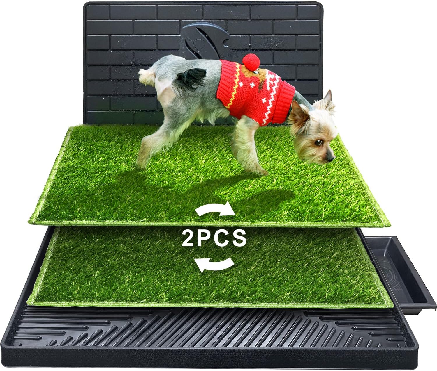 Large Dog Potty Tray Pet Pee Grass Pad Indoor Puppy Pee Training Toilet Restroom, Portable Odourless Washable Training Pads with Pee Baffle, Ideal for Medium and Small Dogs (Black)
