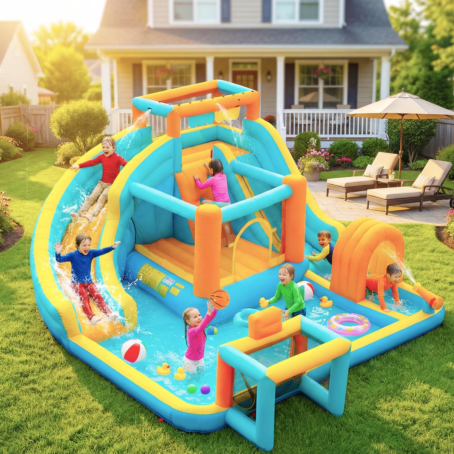 Sunseen 10-in-1 Inflatable Water Slide Bounce House for Kids,Giant Water Park,Includes 520W Blower