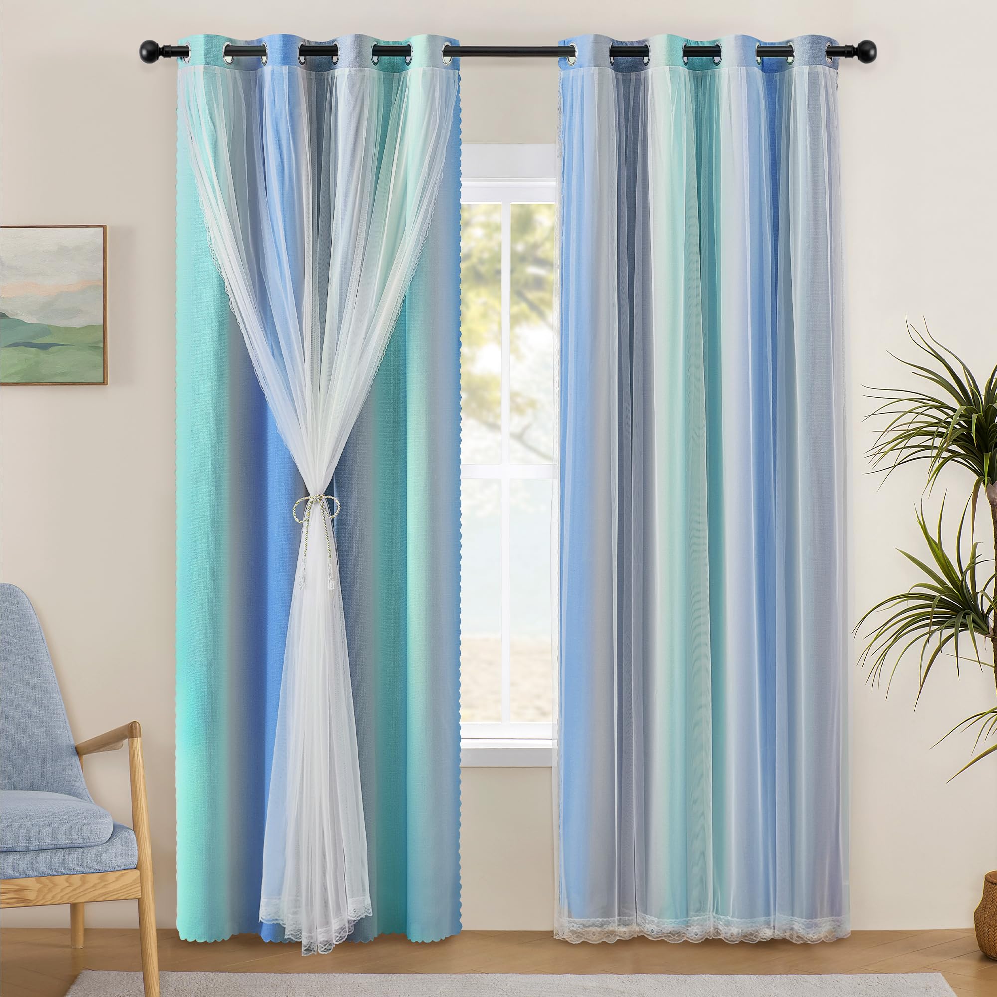 XiDi Blakout Curtains with Sheer Overlay 84 Inches Long for Bedroom 2 Panels Double Layer Rainbow Curtains for Nursery Kid Room Thermal Insulated Room Darkening Grommet Drapes Blue Green Grey 34Wx84L