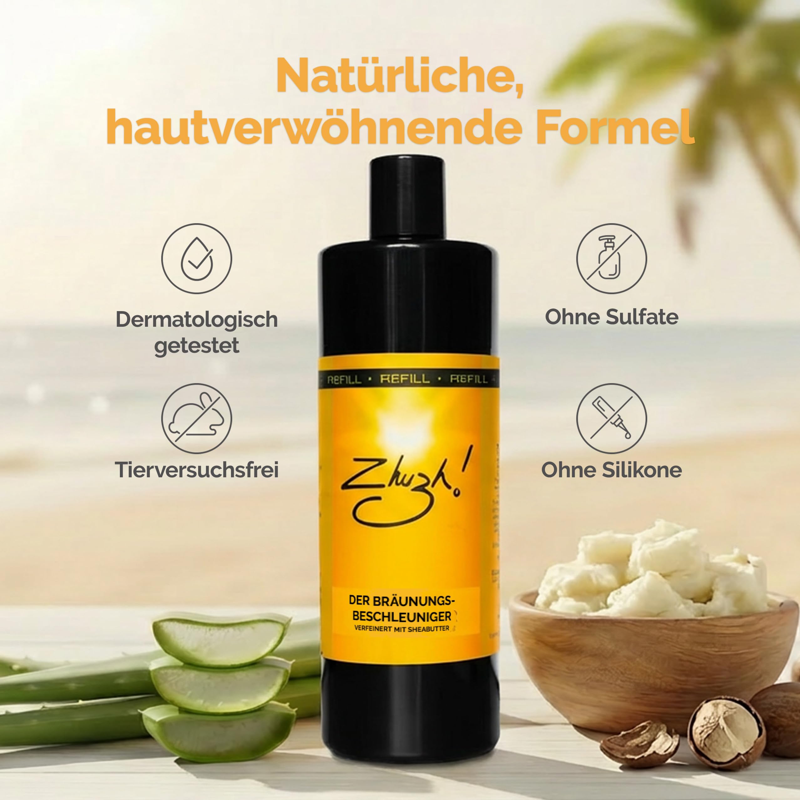 Zhuzh! Bräunungsbeschleuniger 500 ml – Feuchtigkeitsspendende Bräunungscreme für natürliche Bräune ohne Flecken – Ideal für Sonne & Solarium – Mit pflegender Formel für strahlenden Glow – Refill Pack