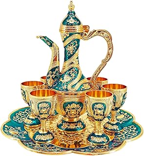 Vintage Turkish Coffee Pot and Cups Set,Tea Service Set Including Teapot,Tea Tray and Metal Cups for Wine Cabinet Decor,Wedding Ornaments (Gold and Blue)