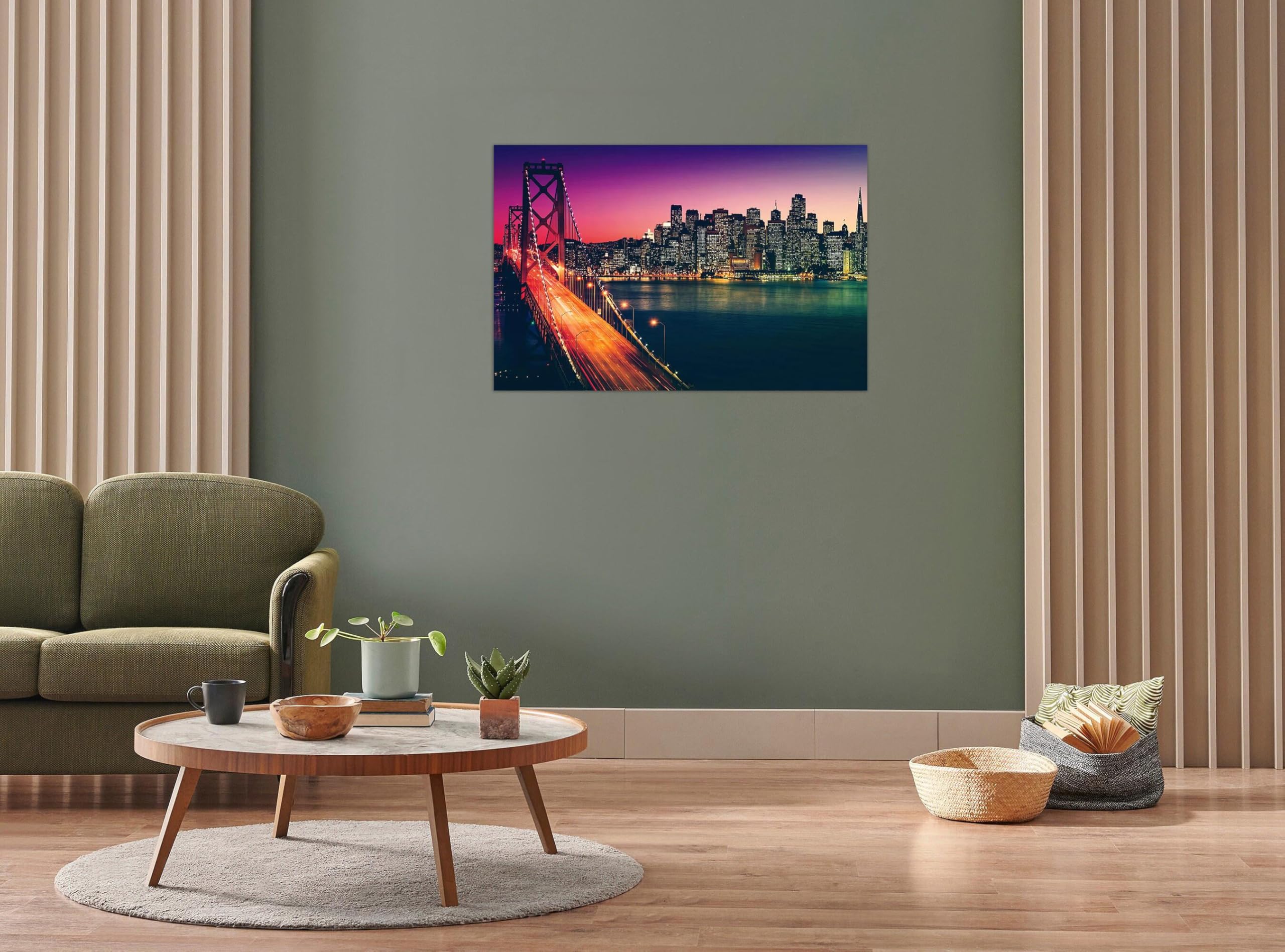 Stadtlandschaft Leinwandbild-Panorama Bilder auf Leinwand-Landschaftsbilder Wandbilder Wohnzimmer Moderne(Gebäude Brücke Nacht) 60x90cm Umwickelte Leinwand