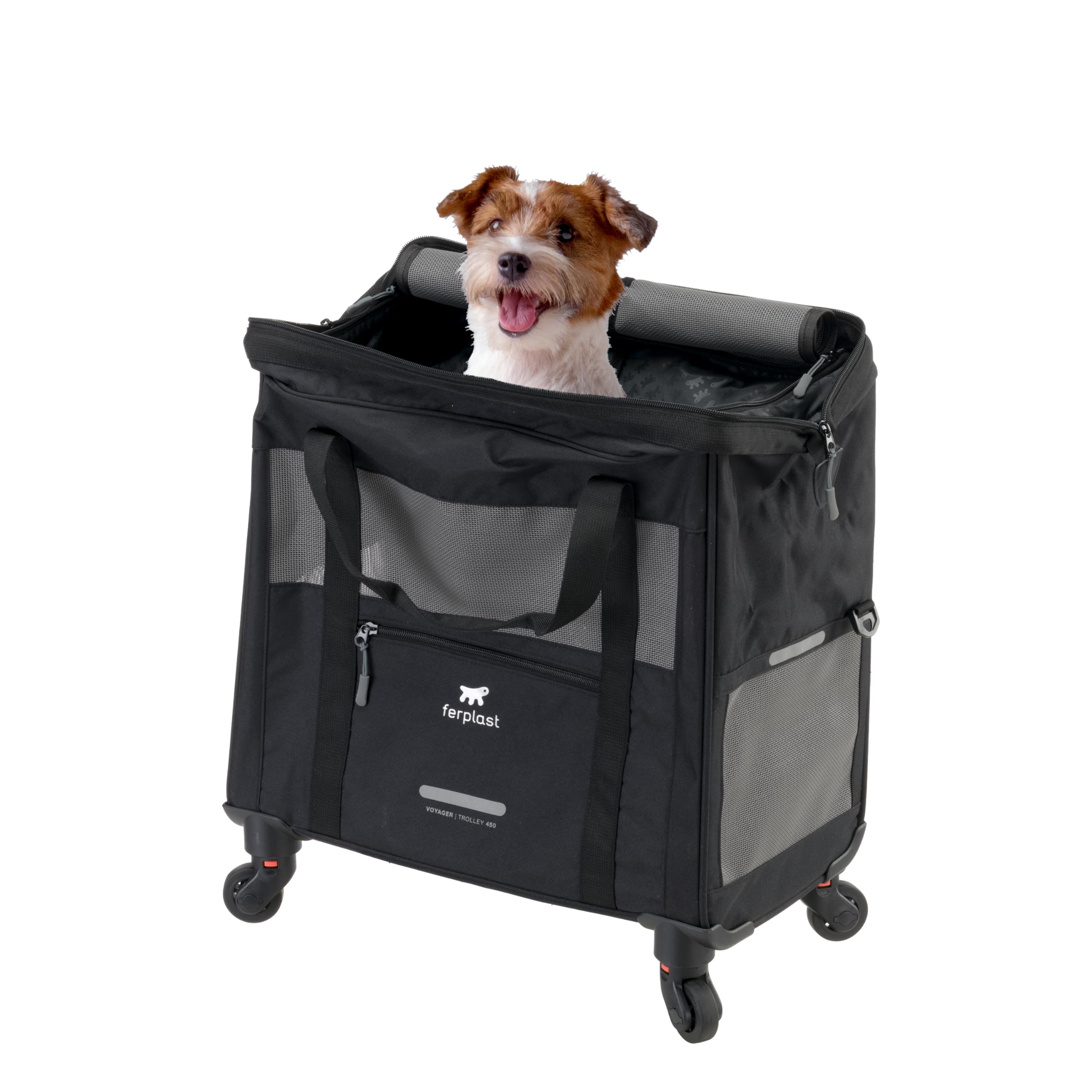 Ferplast Hundebox Voyager Trolley, Transportbox Katze, Hundetasche, ausziehbarer Griff, verstellbare Gurte, breite Öffnung, abnehmbare Räder, max. 15 kg, 46 x 26 x 48H cm, Schwarz