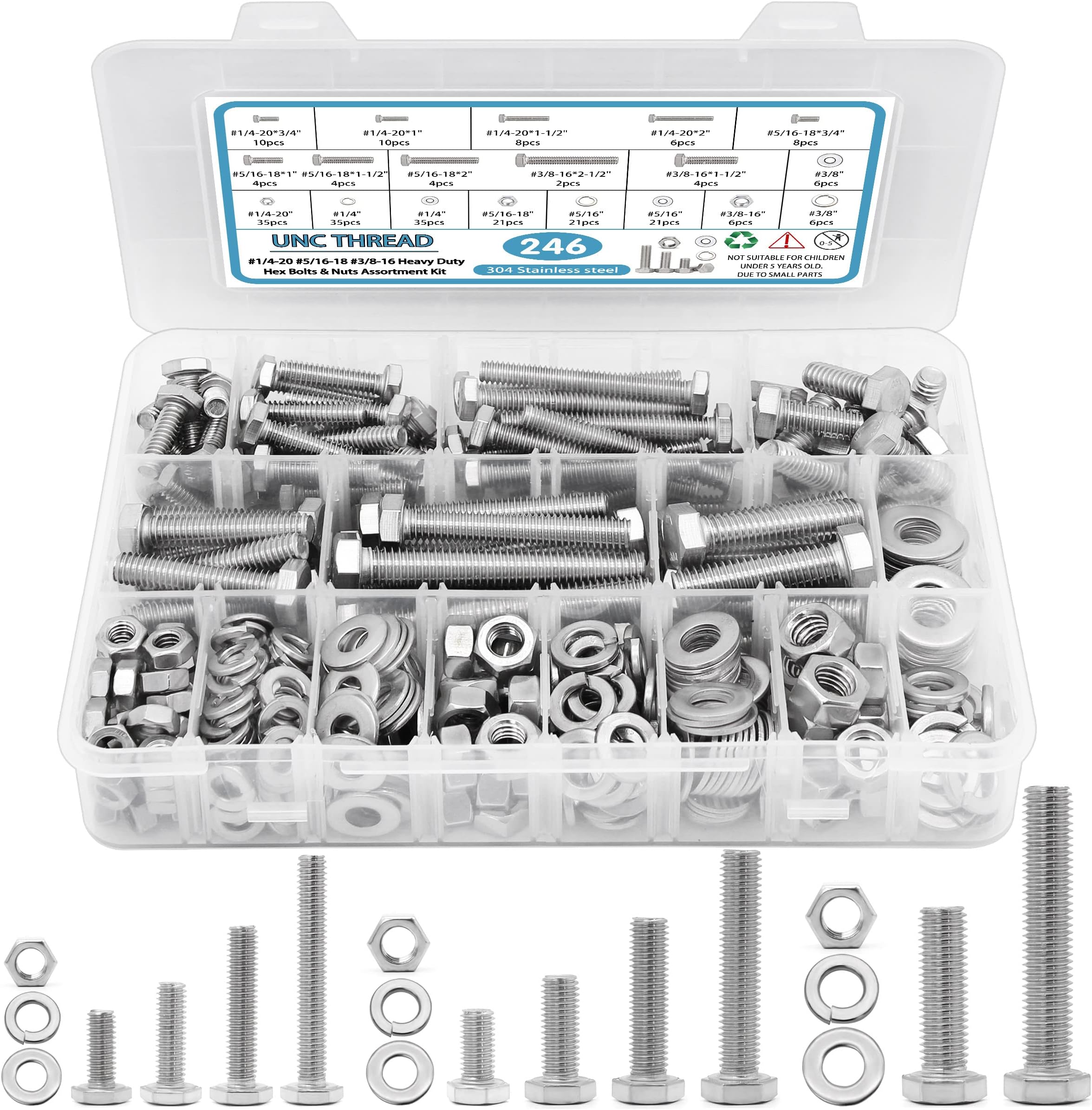 SATANTECH 246PCS Hex Head Bolts and Nuts Assortment Kit, Stainless Steel 1/4-20, 5/16-18, 3/8-16, Assorted Nuts and Bolts, Flat & Spring Lock Washers with Case