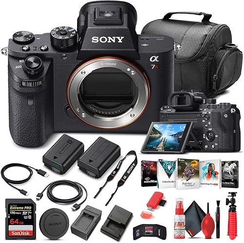 Sony Cámara digital sin espejo Alpha a7R II (solo cuerpo) (ILCE7RM2/B) + tarjeta de memoria de 64 GB + software de foto Corel + estuche + cargador