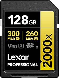Lexar 128GB Professional 2000x SD Card, UHS-II, C10, U3, V90, Full HD, 8K, Up To 300MB/s Read SDXC Memory Card, for DSLR, Cinema-Quality Video Cameras (LSD2000128G-BNNNU)