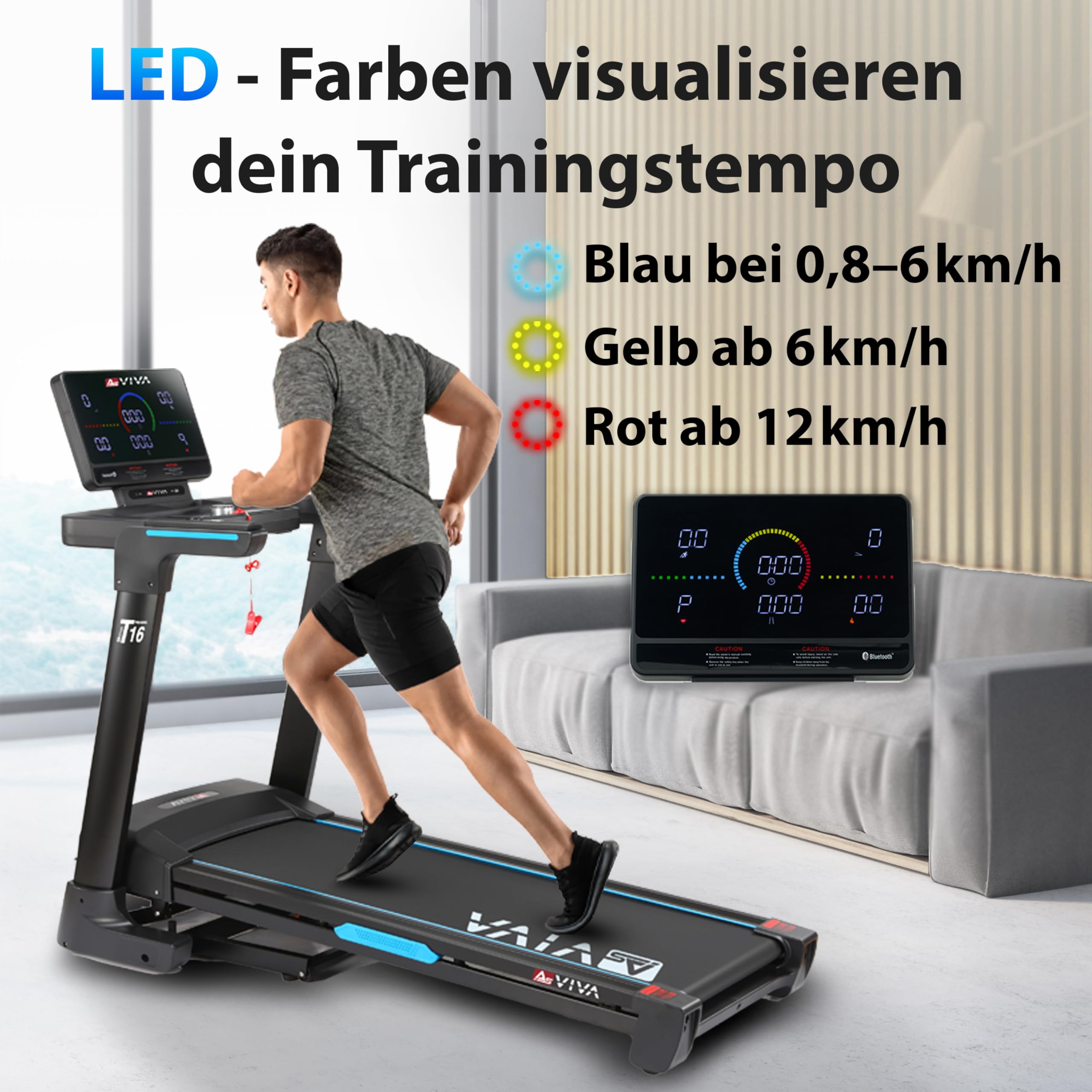 AsVIVA T16 Laufband klappbar, 18 km/h & 18% Steigung, 4 PS Motor, Bluetooth App kompatibel, induktive Ladefunktion, leise