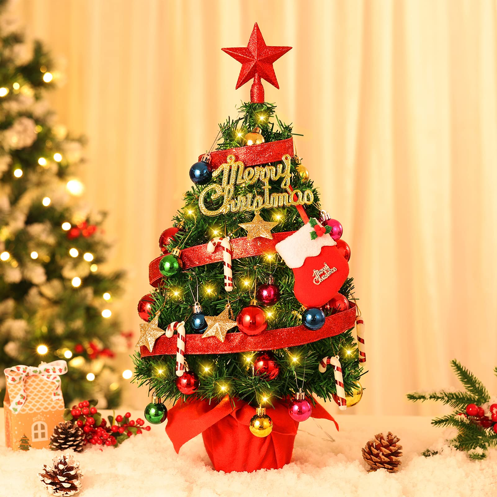 小型クリスマスツリー LEDライト付き Amazon.co.jp: 22インチ 卓上ミニクリスマスツリーセット LED