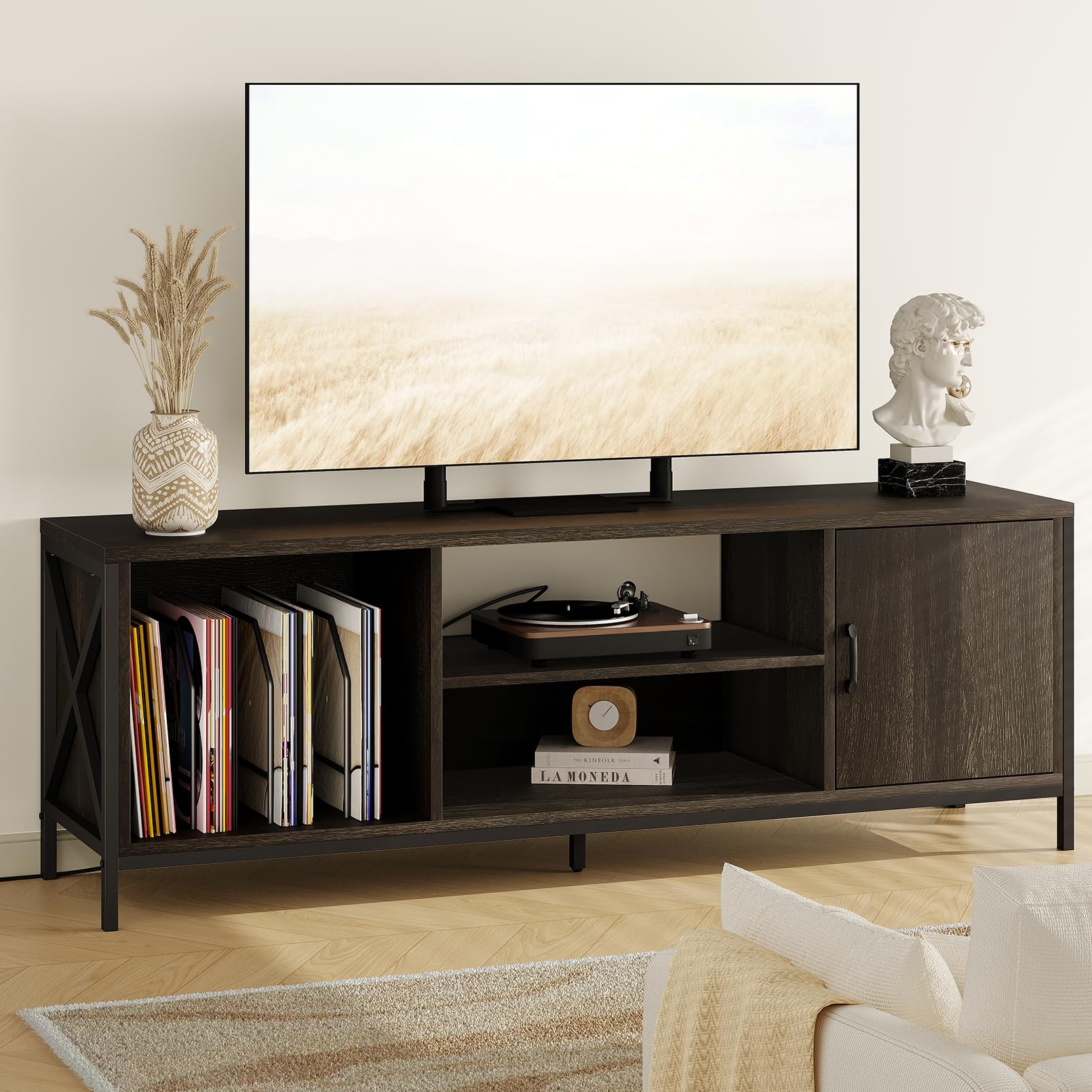 Vividwood Farmhouse TV Stand for 65 70 75 Inch TVs, 63" Entertainment Center with 3-Tier Storage Shelves and Cabinet for Living Room and Bedroom