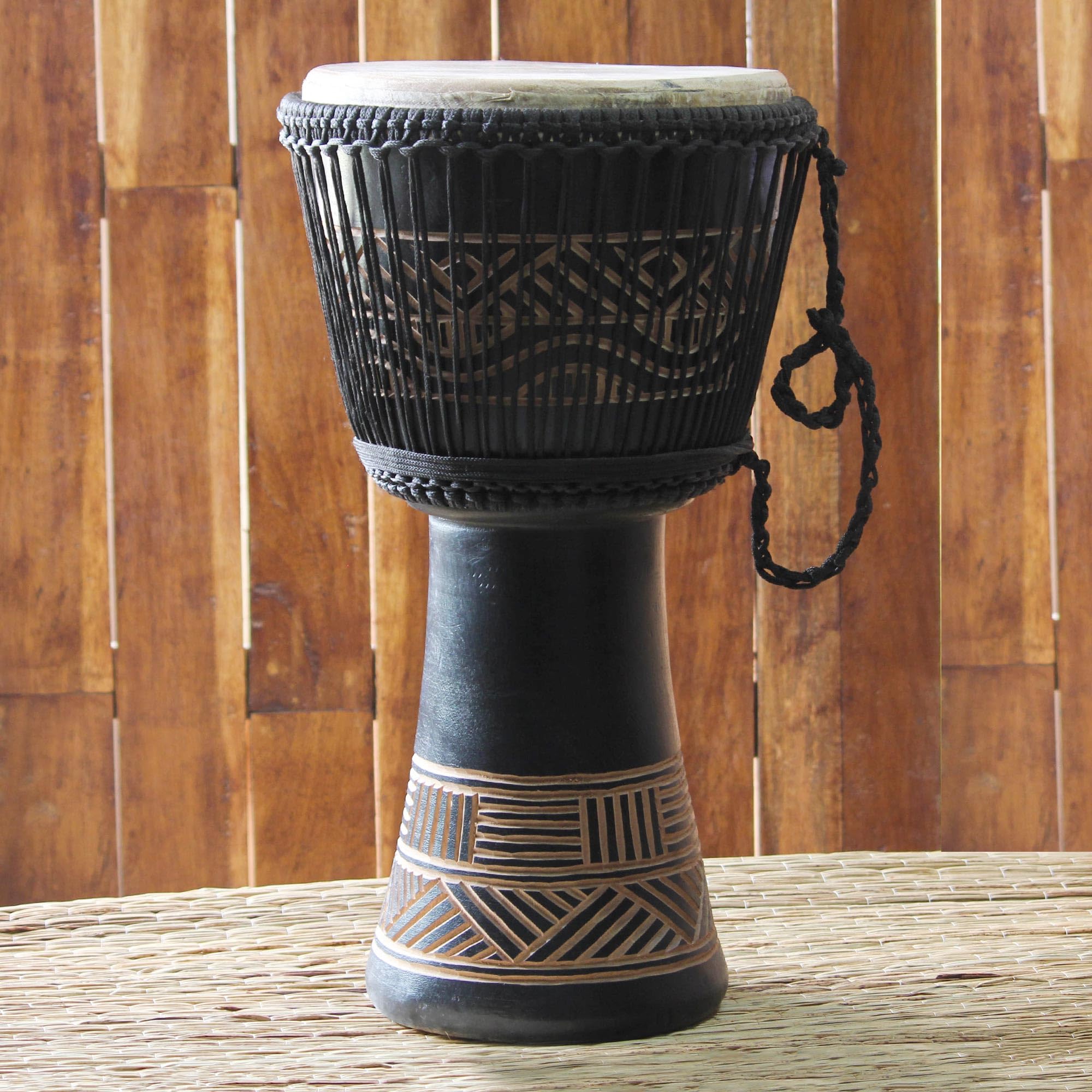 NOVICA Geometric Black and White Wood Goatskin Djembe Drum with Cotton Strap, Ultimate'