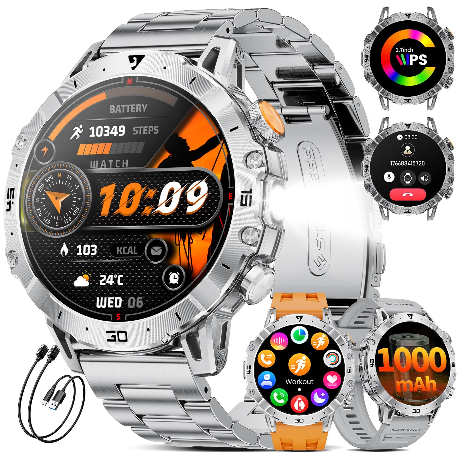 LIGE Smartwatch Uomo con 1000mAh/Torcia LED,Chiamata Bluetooth,1.7" Smart Watch Militare con 110+ Modalità Sportive,Impermeabile,Frequenza Cardiaca, Android iOS,3 Braccialetti+2 Caricabatterie,EF18-B