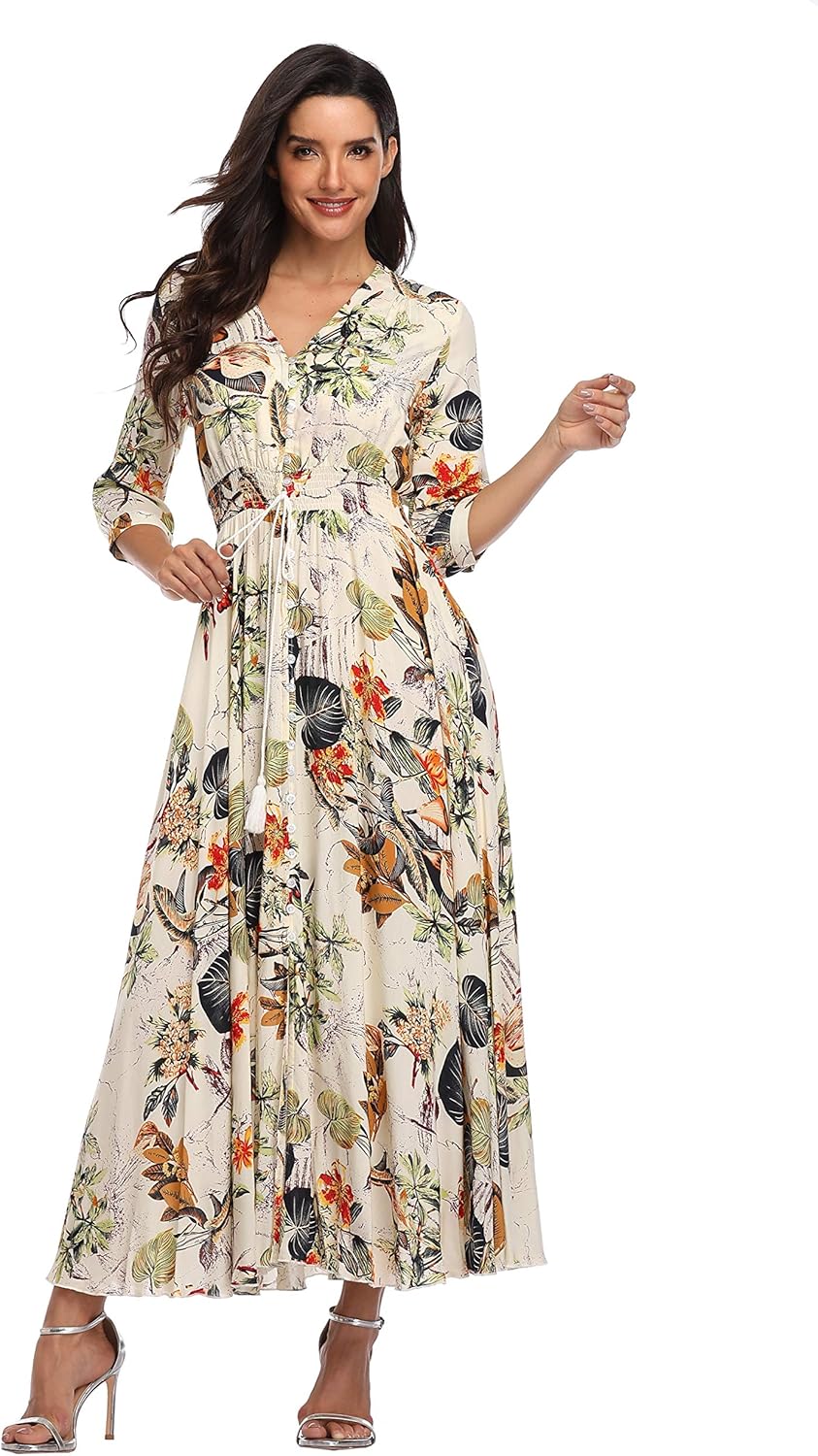 Summer Floral Print Maxi Dress Women Button Up Split Long Flowy Bohemian Beach Party Dresses - Image 2