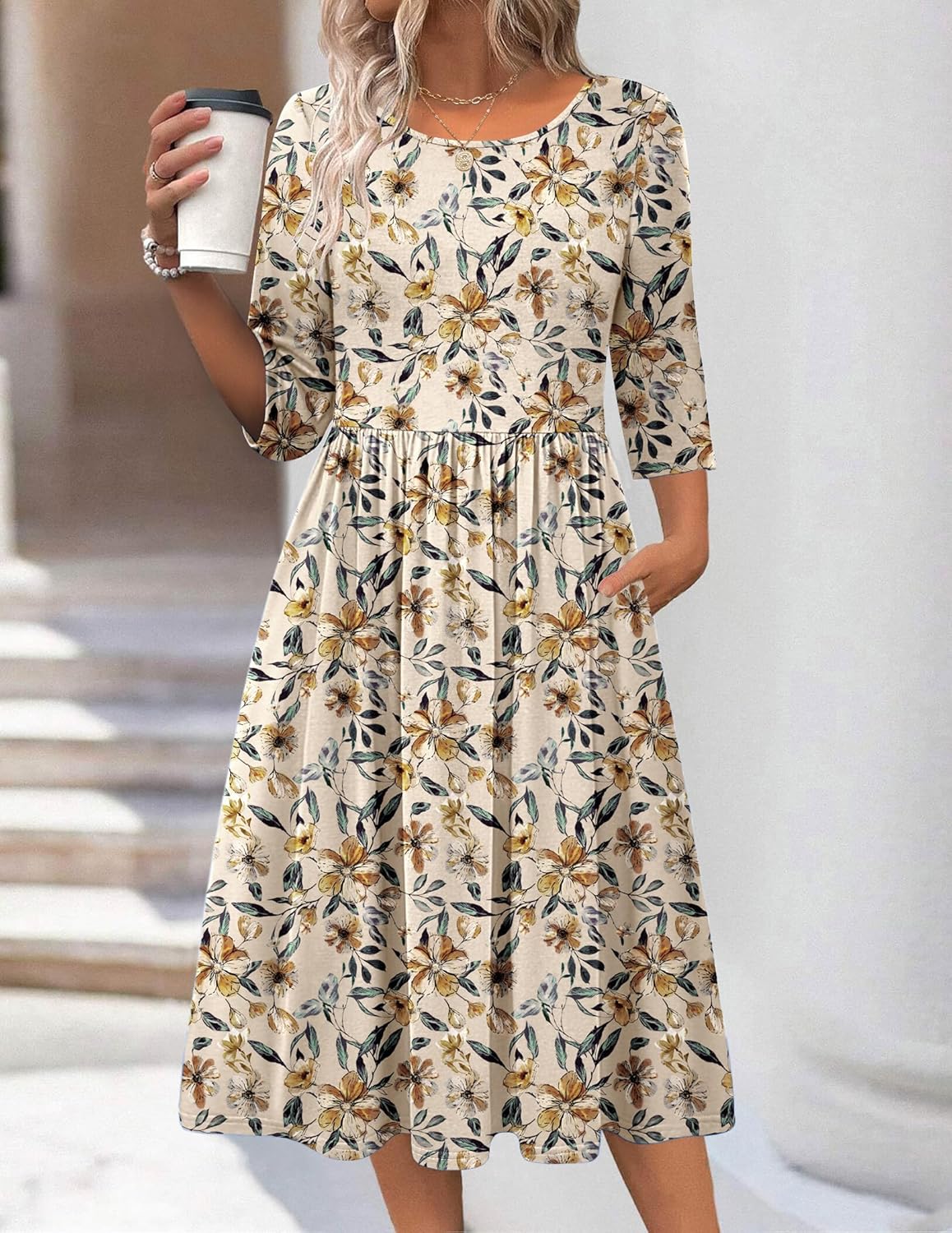 Zeagoo 3/4 Sleeve Women's Dress Casual Flowy A-Line Midi Tshirt Dresses with Pockets Crewneck Vocation Boho Beach Sundress - Image 3